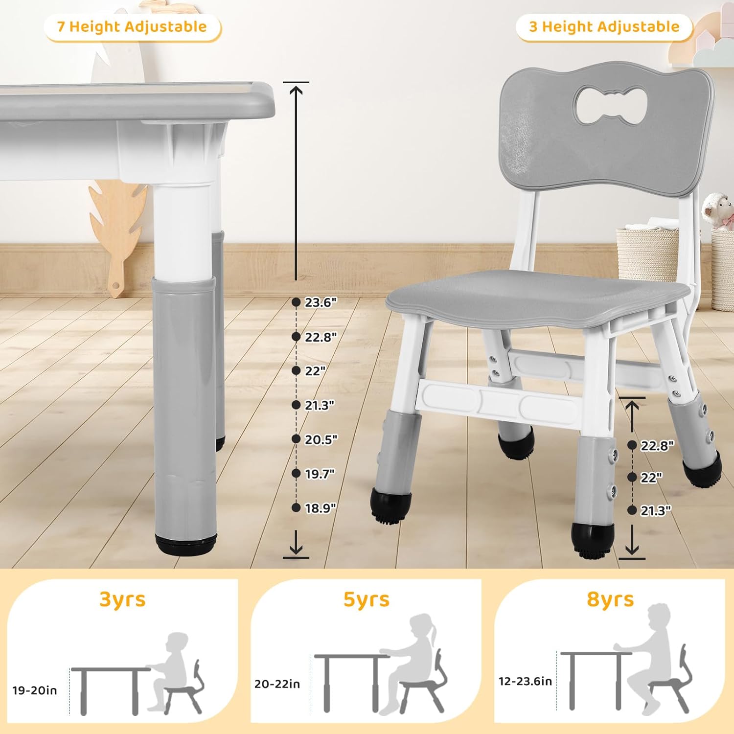 Arlopu Kids Table and 4 Chairs Set, Height Adjustable ((18.9"–23.6"), Anti-Slip Childrens Activity Desk, Wipe-Clean Desktop, Montessori Learning, Drawing for Toddler, Classroom, Home & Daycare (Grey)