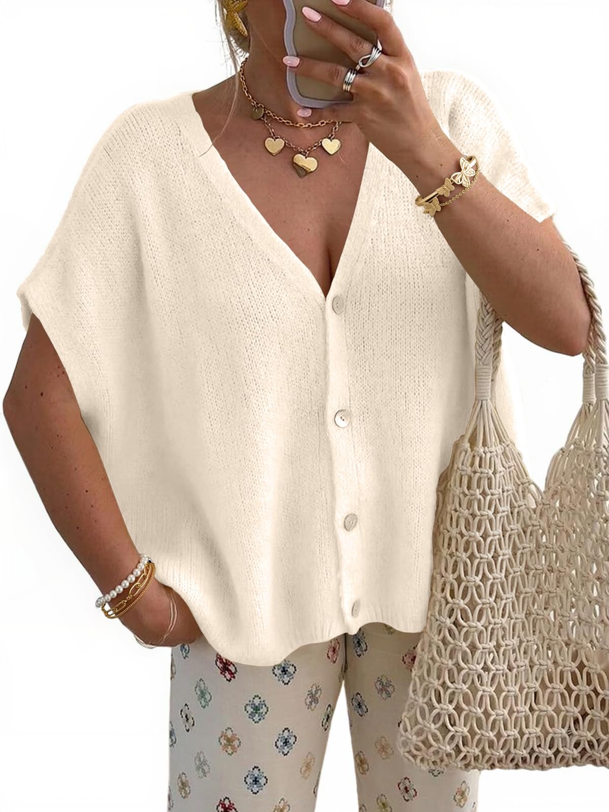 Womens Spring Oversized Sweaters Cardigans 2026 Summer Tops Batwing Short Sleeve V Neck Button Trendy Coverup Trip Outfits