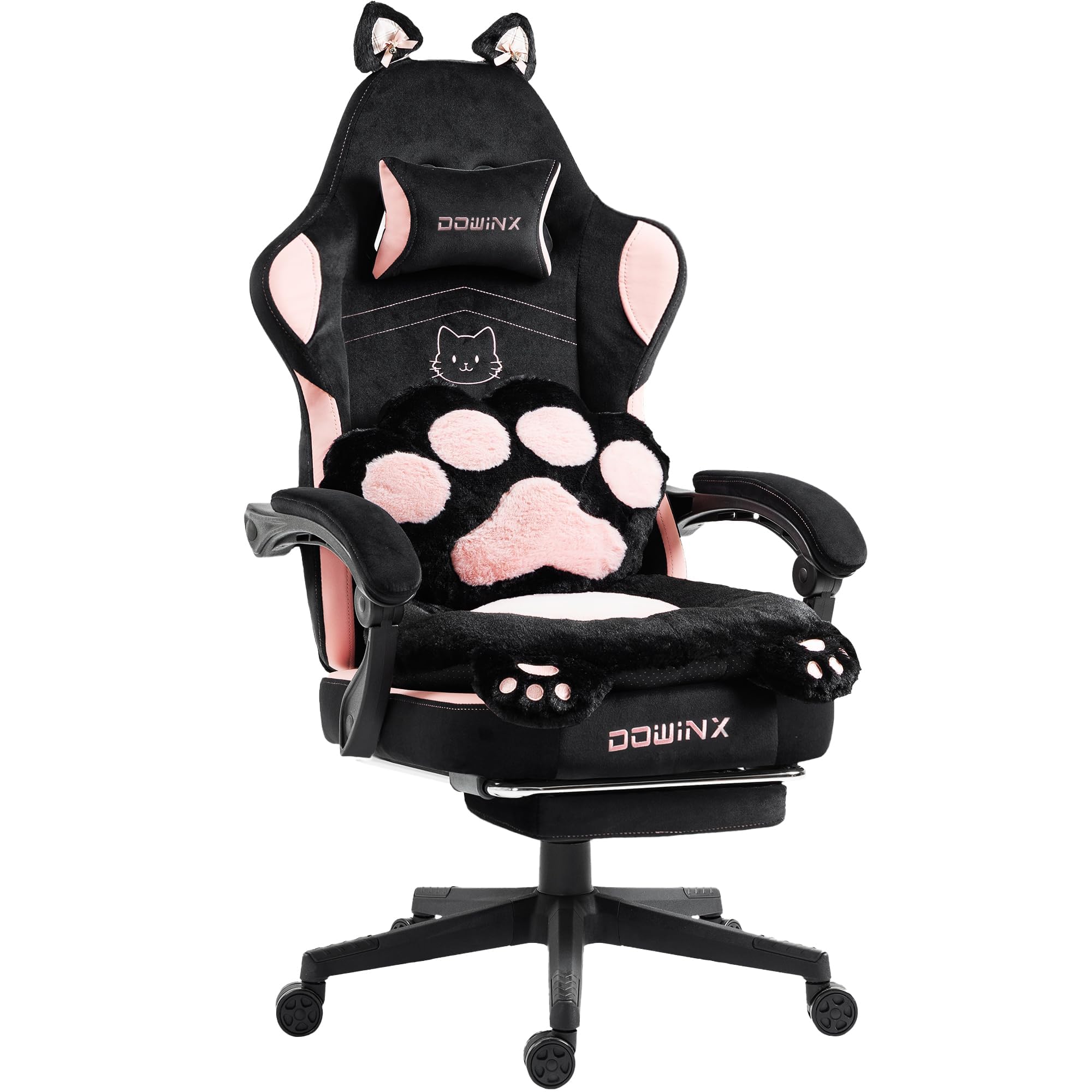 Dowinx Silla Gaming Ergonómica con Reposapiés, Silla Gamer de Terciopelo con Cojín Lumbar y Orejas de Gato, Silla de Oficina para PC y Escritorio, para Mujeres, Adultos y Adolescentes,Negro y Rosa