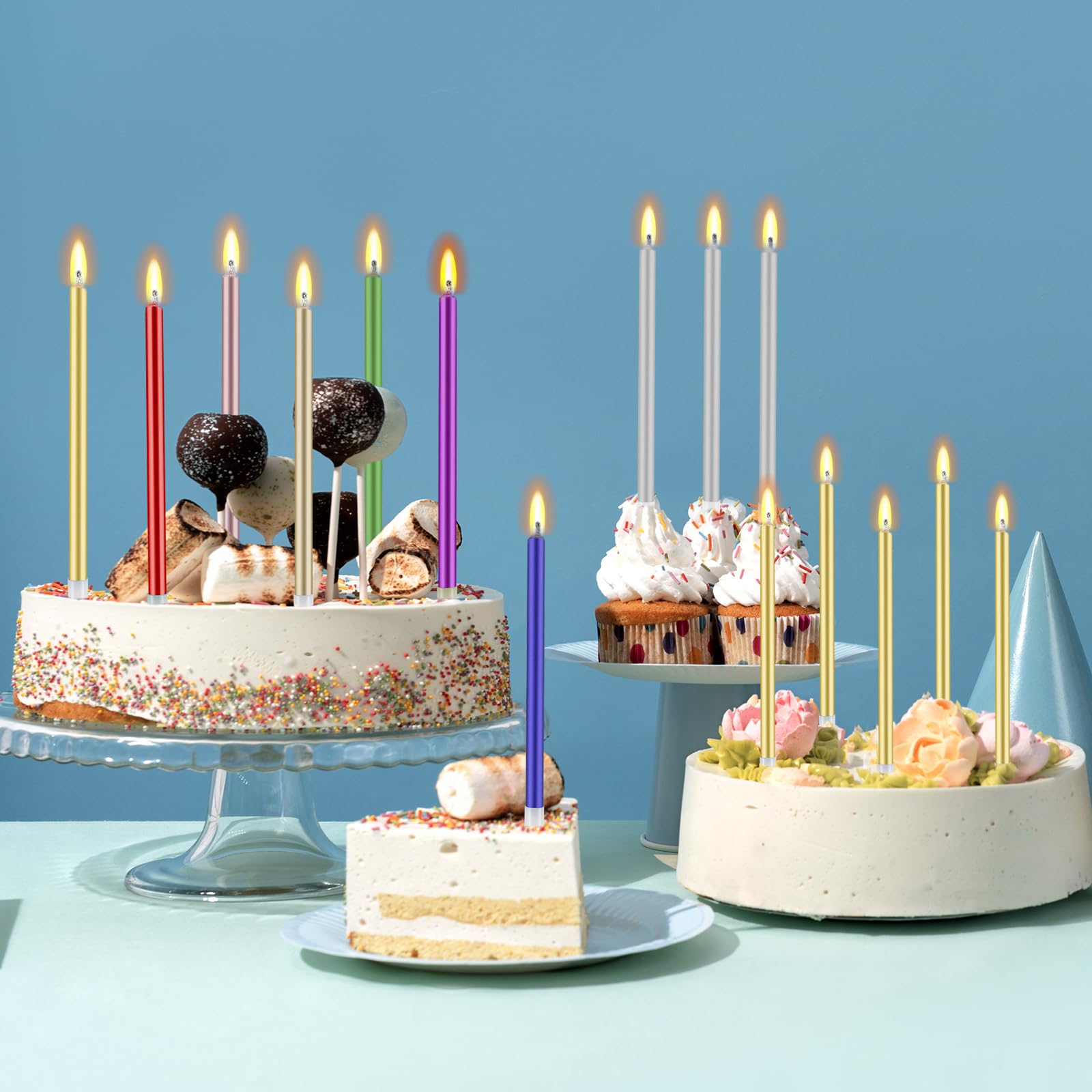 48 velas de cumpleaños largas y delgadas para pastel, velas de magdalena, en soportes para cumpleaños, aniversario, boda, decoración de fiestas, niños y adultos (oro champán)