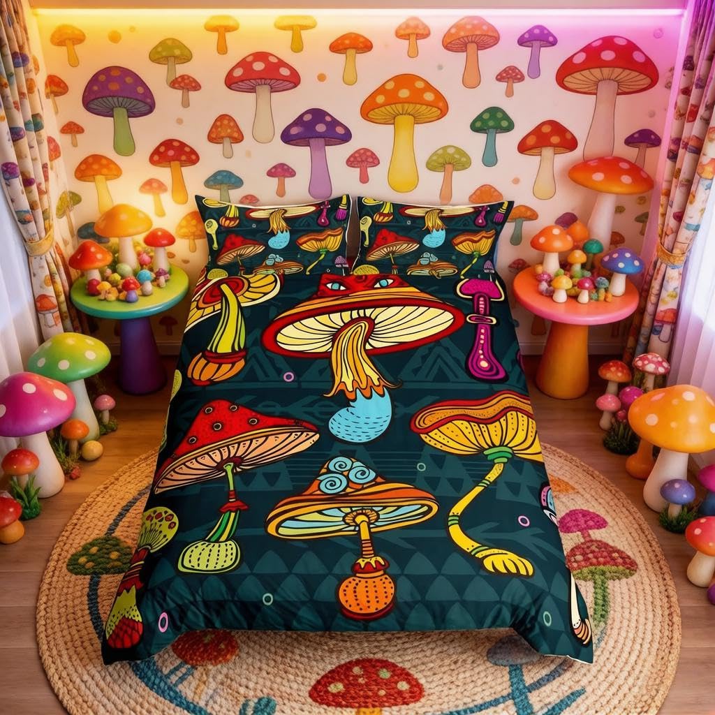 Loussiesd Mushroom Bedding Set Colorful Graffiti Botanical Comforter Cover Kids Boys Girls Psychedelic Mushroom Duvet Cover Boho Tribe Quilt Cover,Room Decor 2Pcs Bedding Junior/Cot Bed Size