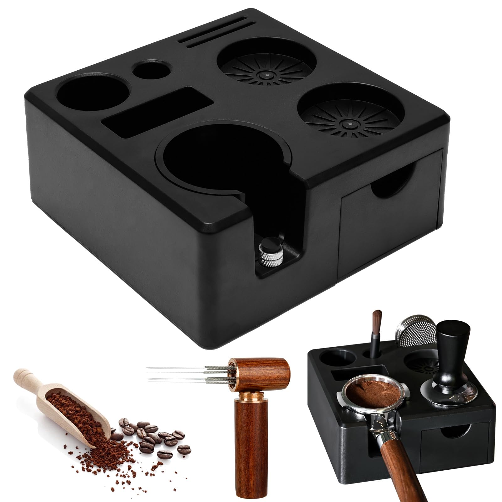 ANTREATU Coffee Tamping Station with 6-Needle WDT Tool - Washable Coffee Tamper Station for 51/54/58mm Tamper and Portafilters, Espresso Organizer with Slot ＆ Drawer