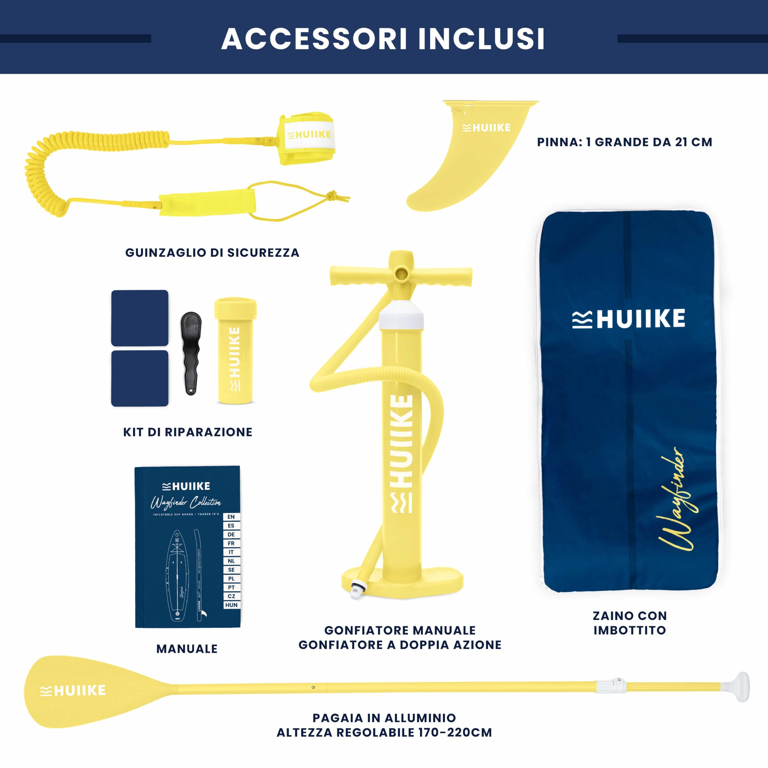 HUIIKE Tavola Sup Gonfiabile Adulti Touring con Accessori Inclusi, Pagaia, Pinna, Leash, Pompa e Zaino. Stand Up Paddle Board di Grande Stabilità e Resistenza. Convertibile in Kayak