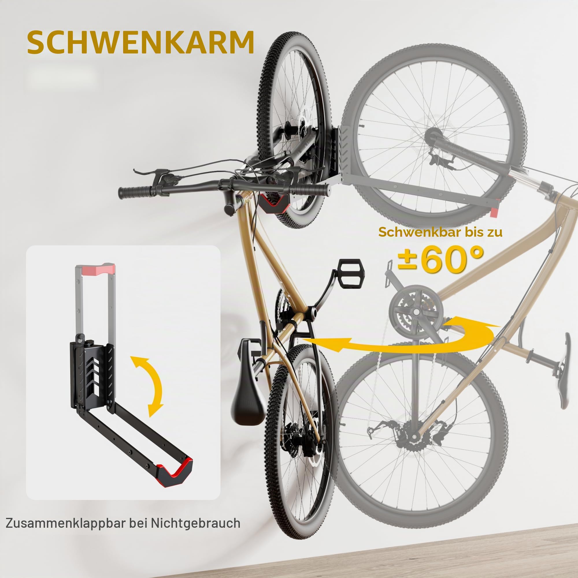 monTEK Schwenkbare Fahrrad-Wandhalterung, kein schweres Heben erforderlich, Fahrrad-Wandhalterung, Fahrradaufhänger für Garage, platzsparende Fahrradträger-Garage, einfach zu be- und entladen,