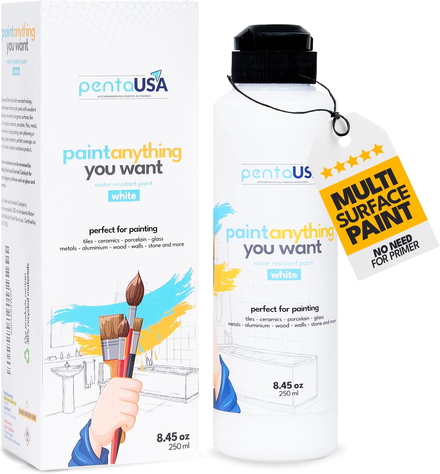 PENTAUSA Multi Surface Paint (No Primer Needed) Waterproof & Matte Paint | Ideal for Bathroom, Sink, Bathtub, Tile, Cabinet, Wood, Furnitures & More - 250ml (White)