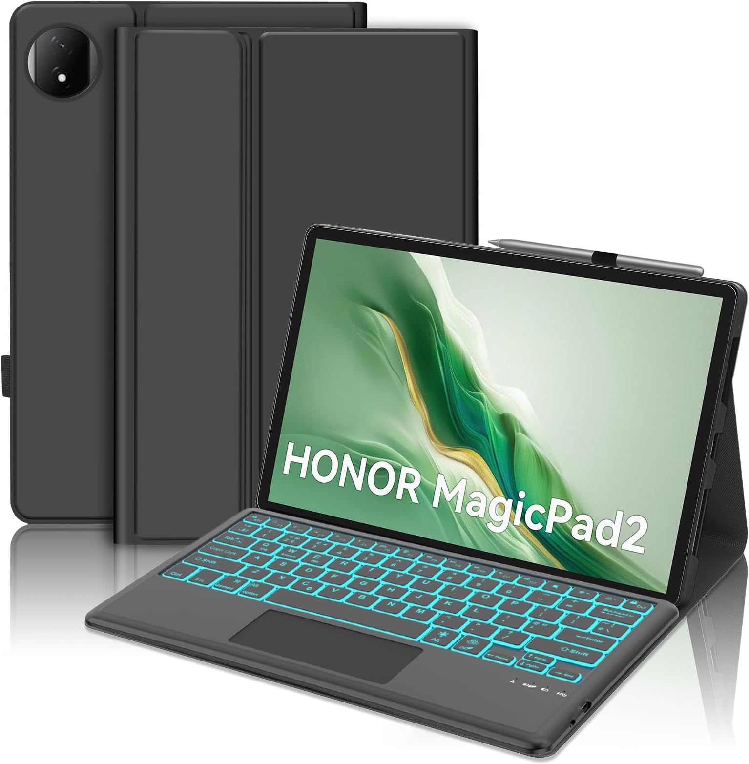 Keyboard Case with Touchpad for Honor MagicPad 2 12.3", Wireless Detachable Bluetooth Trackpad Keyboard with 7 colors Backlit and Stand Cover for HONOR MagicPad 2 12.3-inch 2024 Tablet, Black