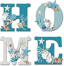 4 Pcs Wood Home Sign Coastal Beach Wall Decor Beach Style Signs Blue Starfish and Shell Wall Decor Beach Theme Sign for Home Letters Hanging Wall Decor Art Signs for Living Room Kitchen Bedroom Decor