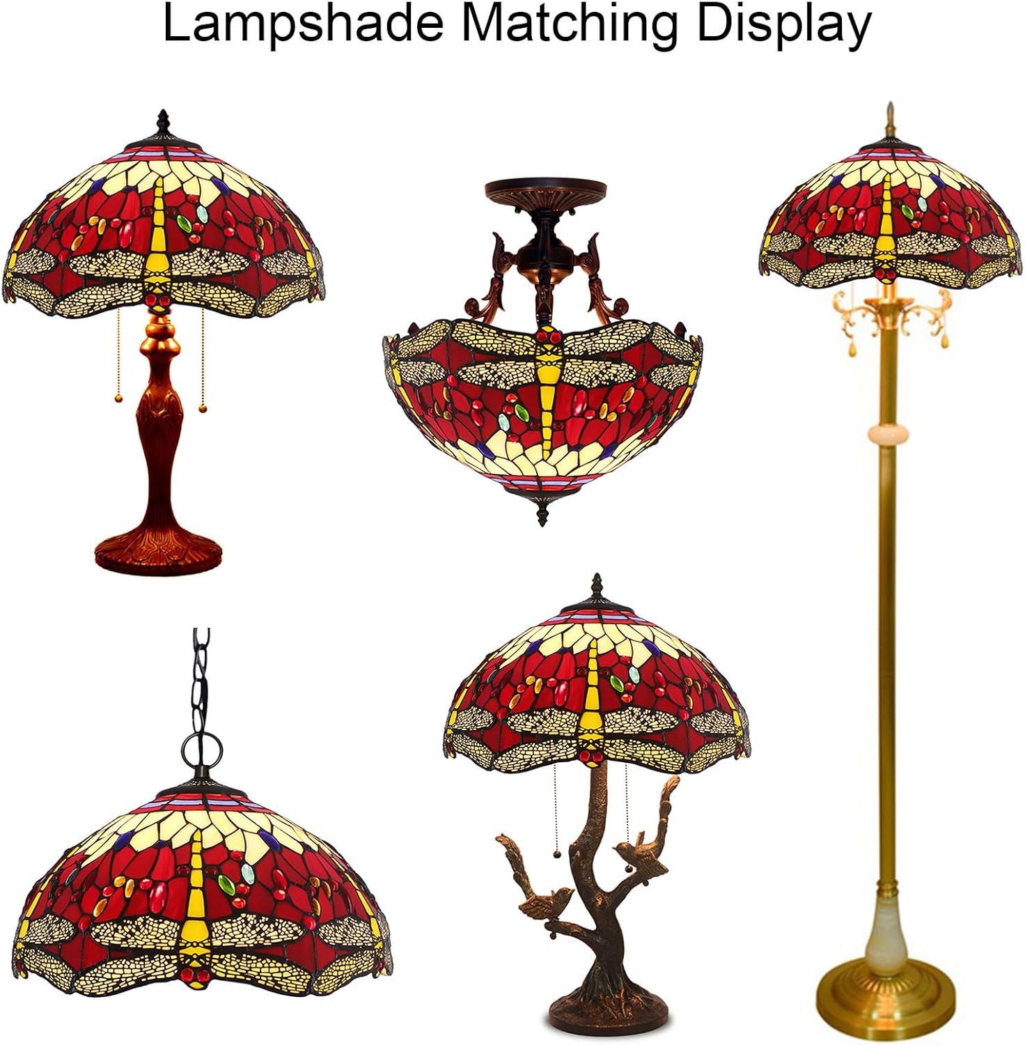 Tiffany Lamp Shade Replacement 16X8 Inch Red Dragonfly Stained Glass Bead Lampshade Only with Cap Vintage Home Decor Light Cover Fit for Table Lamp Pendant Light Floor Lamp Ceiling Fixture