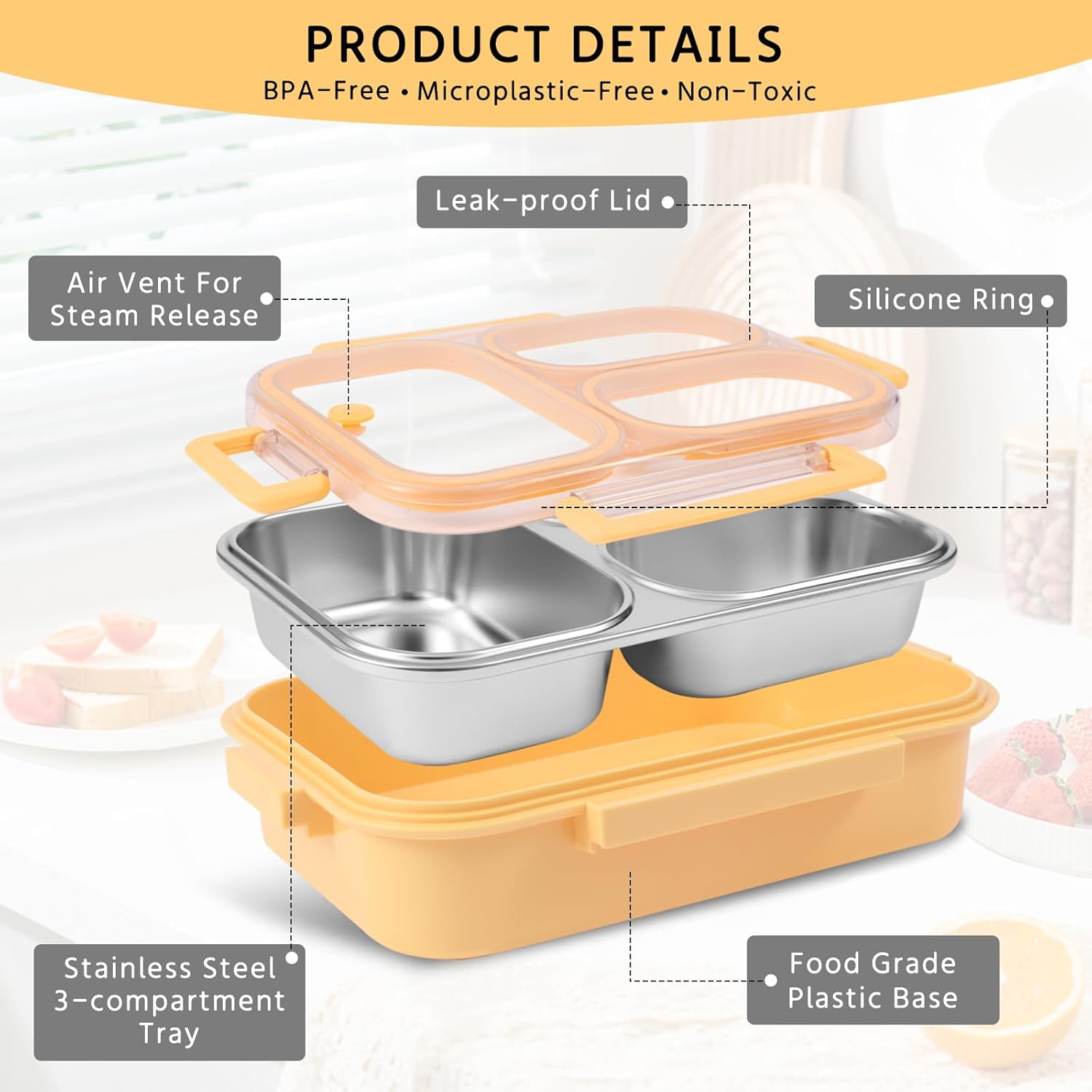 Stainless Steel Bento Box for Kids & Adults,25oz-Leakproof 3 Compartment Metal Bento Lunch Container,304 Stainless Steel Bento Box for School, Capable of Heating Food,Dishwasher Safe, BPA-Free.