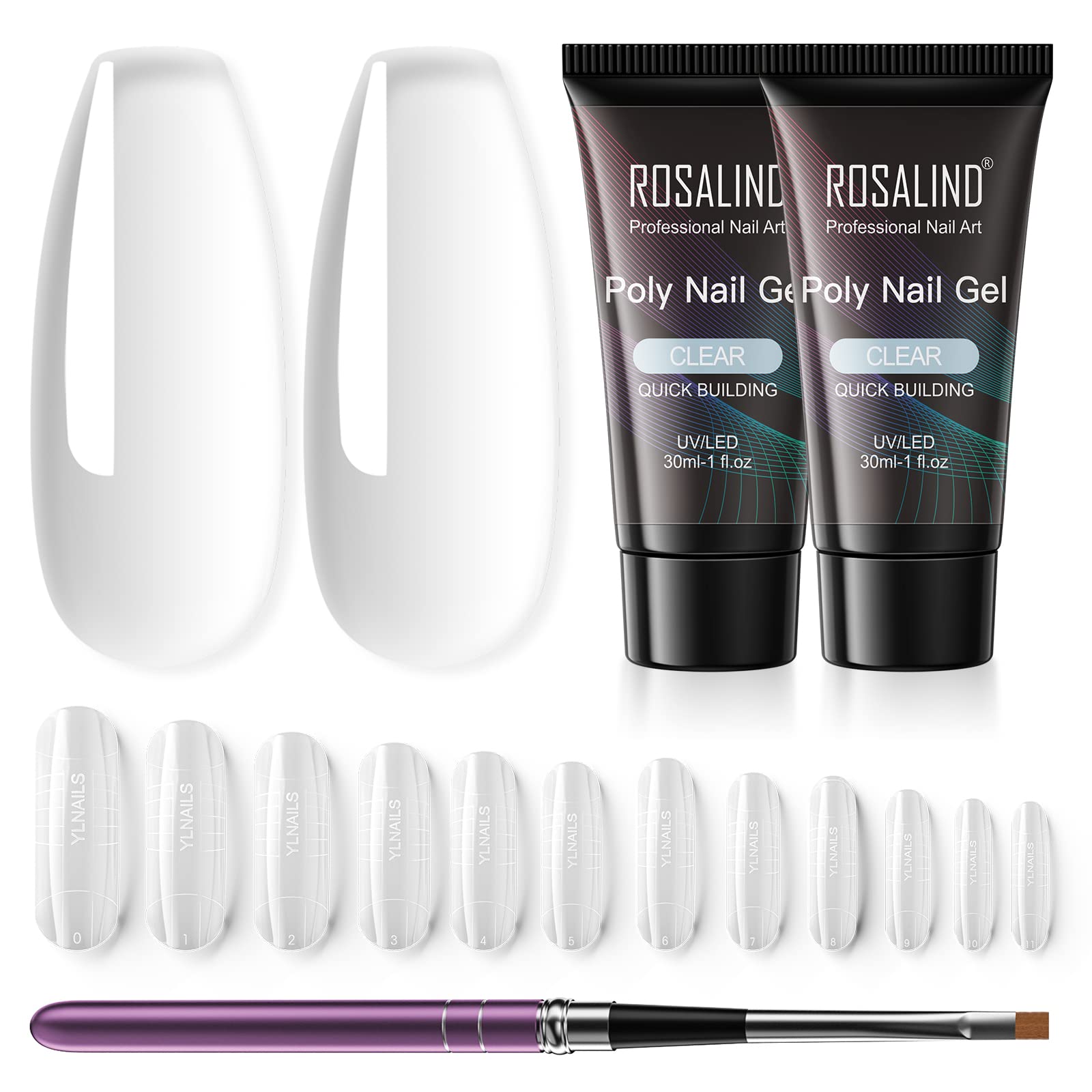 ROSALIND Kit Gel Unghie Ricostruzione, Acrilico Poly Nail Gel 30ml 2pcs | Trasparente Colori, con Pennello e Unghie Finte, Gel Estensione Unghie Gel per Ricostruzione Ispessente per Unghie, Nail Art