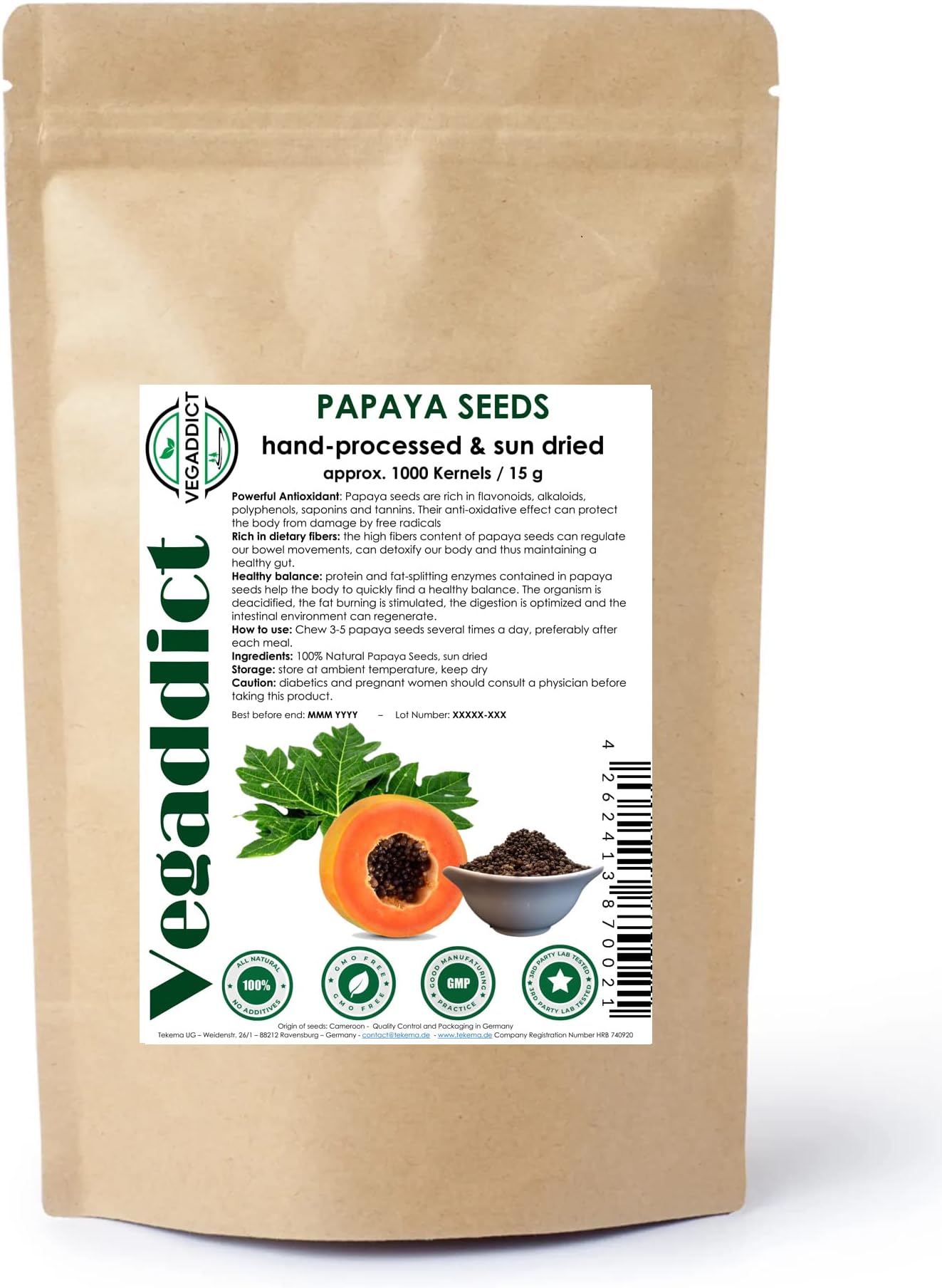 100% Natural Sun Dried Papaya Seeds | High Papaya Enzyme (Papain) Content | No Additives | Vegan | Laboratory Tested | Gluten & Lactose Free | Ethycally sourced (approx 1000 kernels ~ 15g)