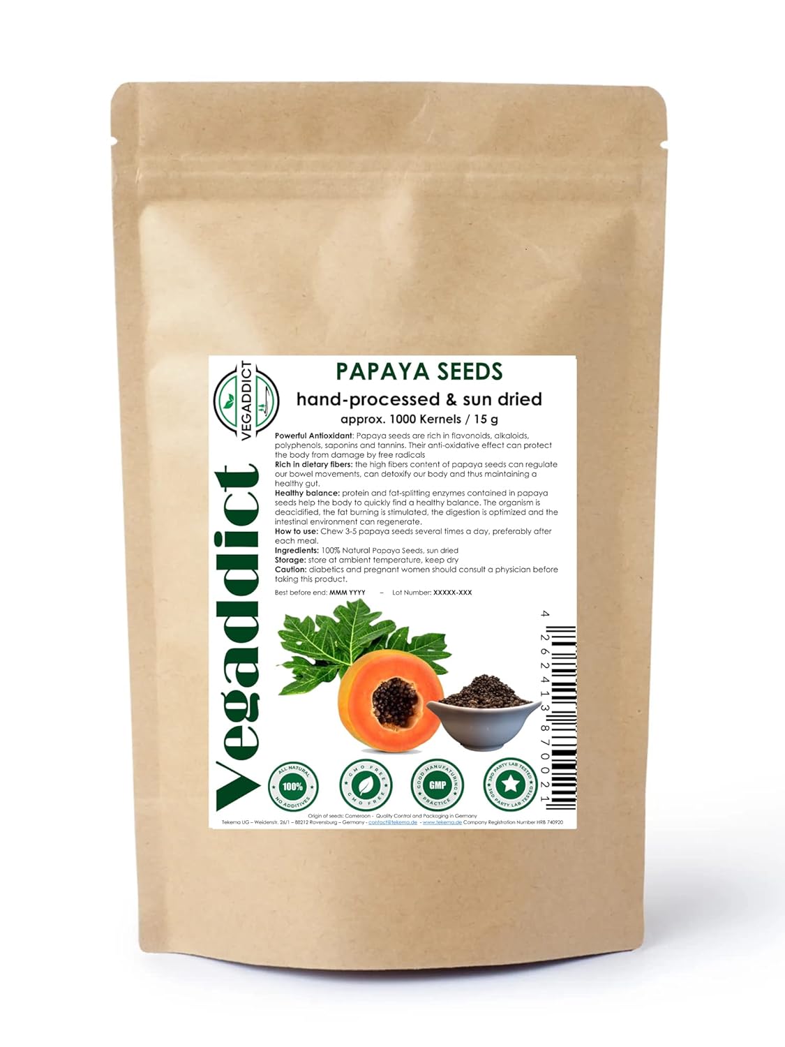 Vegaddict Natural Sun-Dried Papaya Seeds - High Papain Enzyme, Vegan Gluten-Free Digestion Aid, 1000 Kernels ~15g