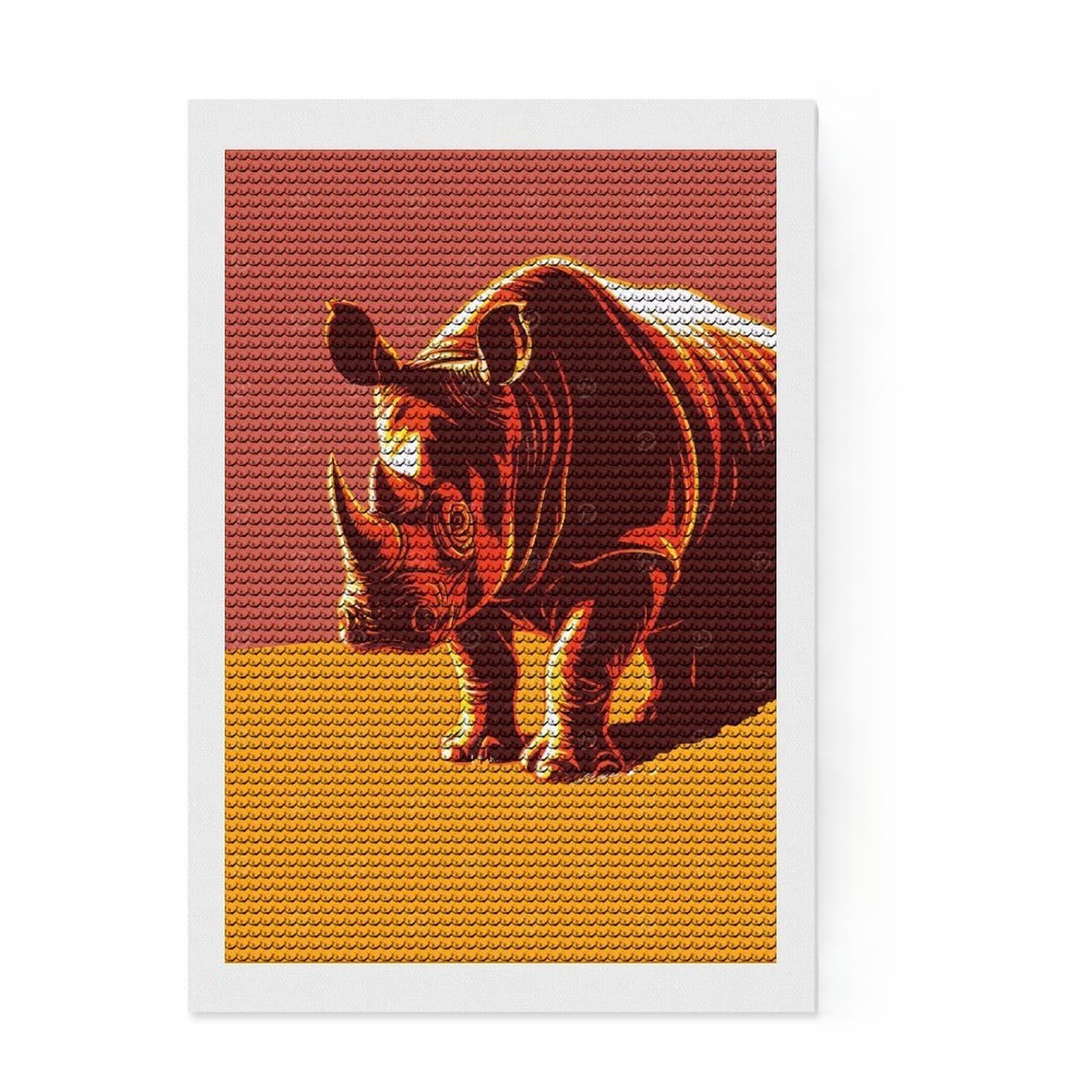 Junmoney Stylized Rhinoceros Illustration DIY Diamond Art Canvas Kit 8"x12", Easy to Enjoy, Easy Handmade Project, Cosy Home Accent, Festive Craft Gift