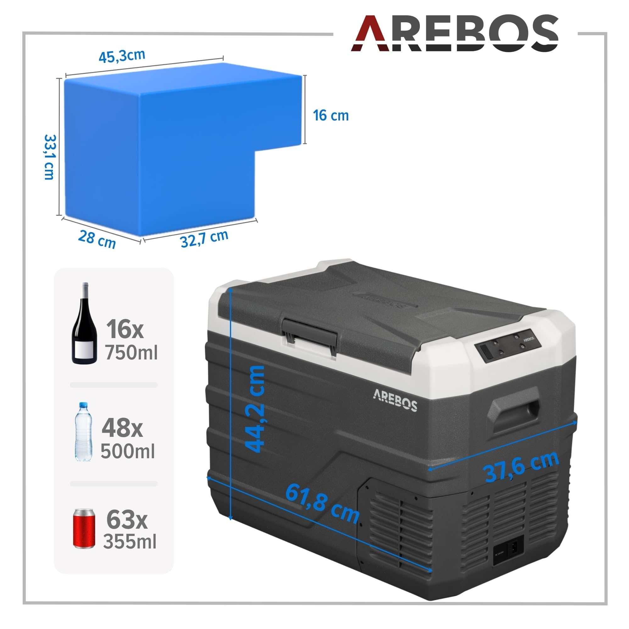 Arebos Glacière à compresseur 35 L | Réfrigérateur & congélateur Portable Jusqu’à -20 °C | Application & Commande Intelligente | 12/24V & 230V | USB | pour Voiture, Camion, Bateau, Camping-Car