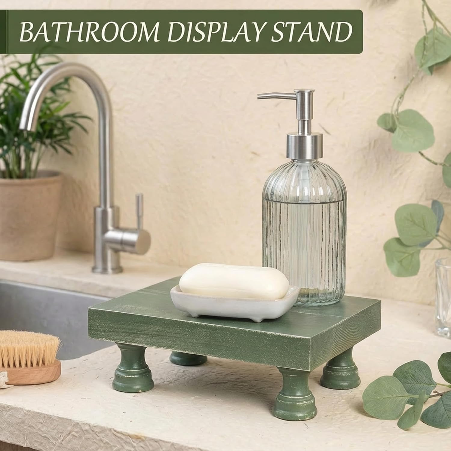 EOSAHR Pine Wood Riser Display Stand for Coffee Table – Stylish Pedestal Stand to Showcase Your Bathroom Accessories – Farmhouse Home Decor for Displaying Plant, Cupcakes and Soap Dish (Green)