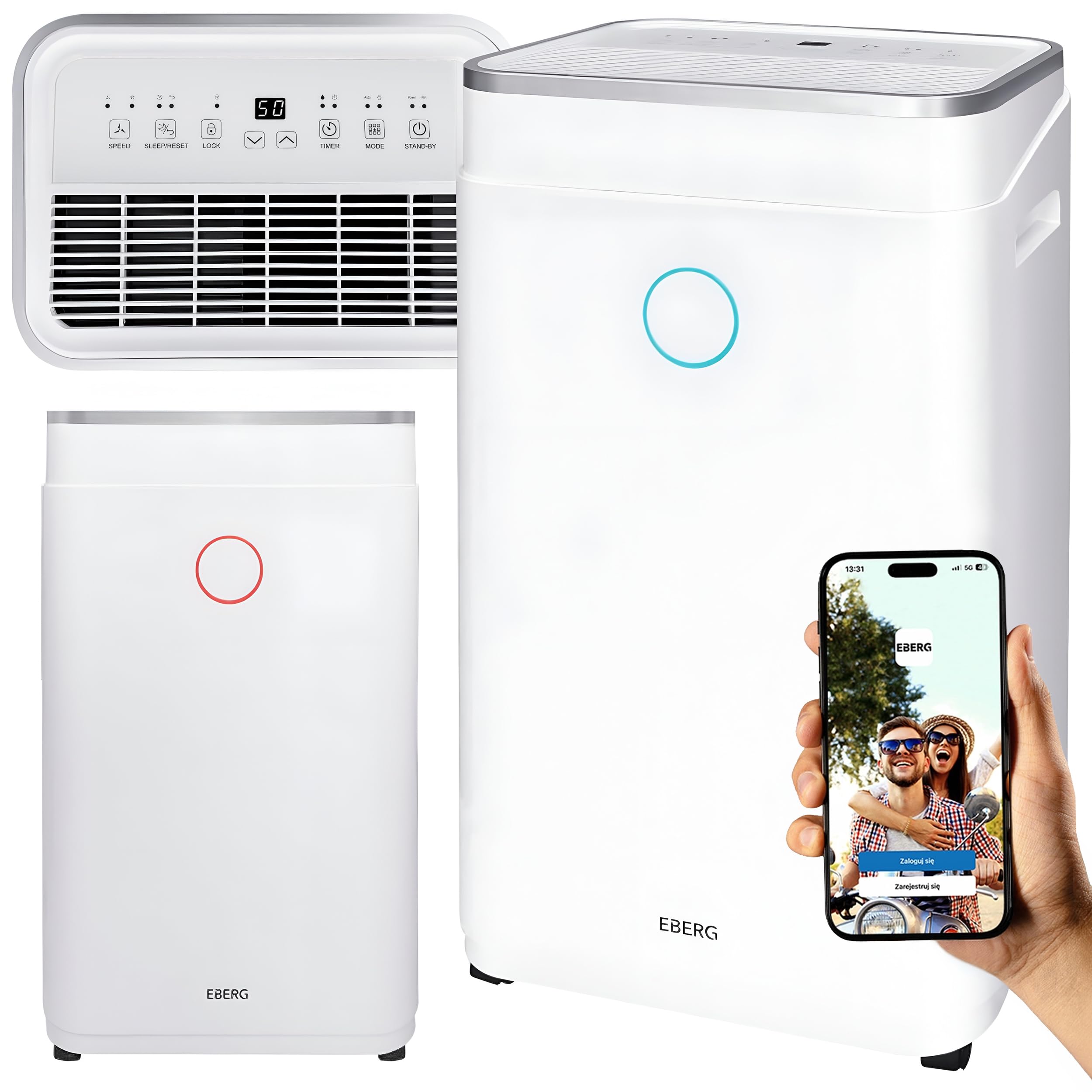 EBERG AZARI osuszacz powietrza 20 l/24 h, higrostat, suszenie prania, zbiornik 6,5 l, LCD, timer, ciągły drenaż, do domu i piwnicy, biały