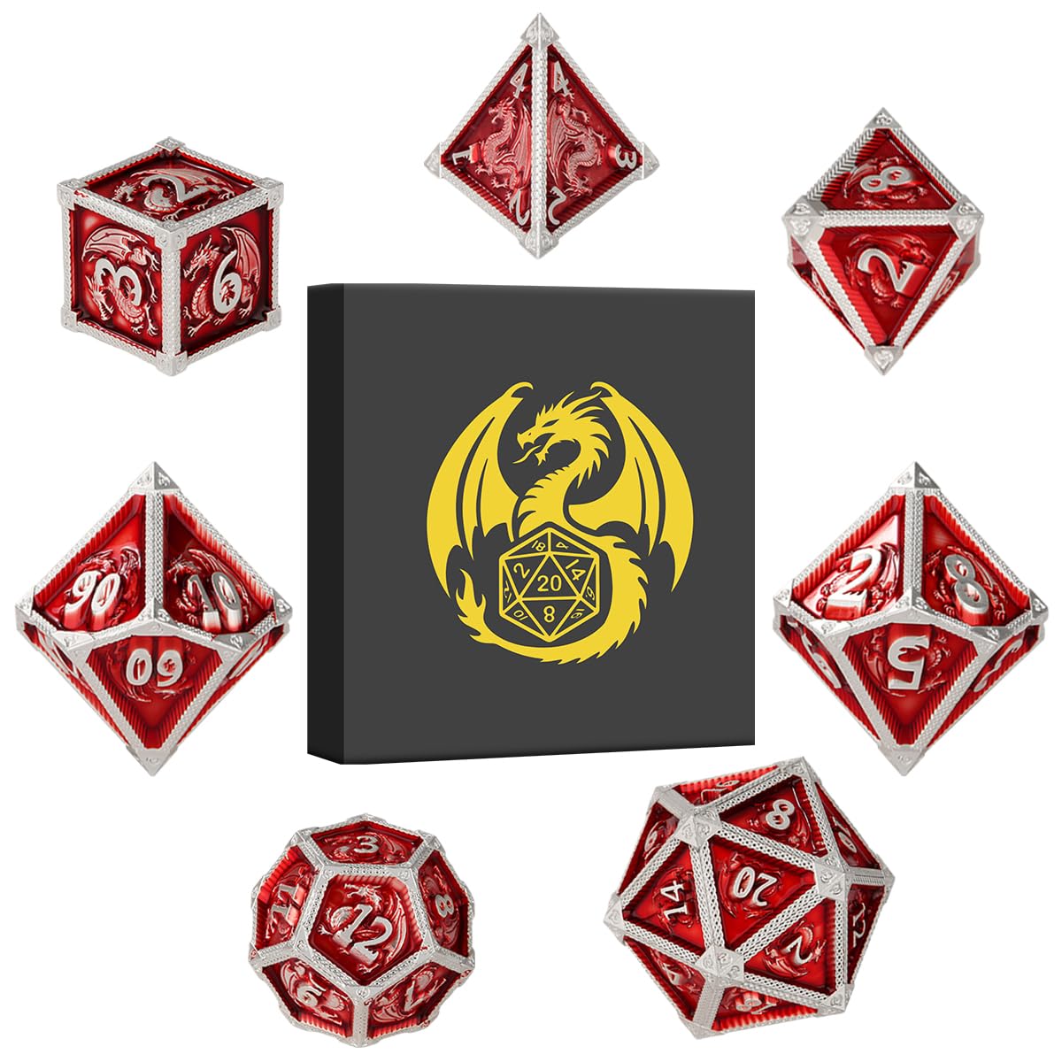 Metal Dice Set, Fly Dragon Pattern, 7pcs Polyhedral Metal DND Dice Set, DND Starter Set, D&D Gifts with Gift Box, Role Playing Board Games Accessories, Red ๏ปฟ