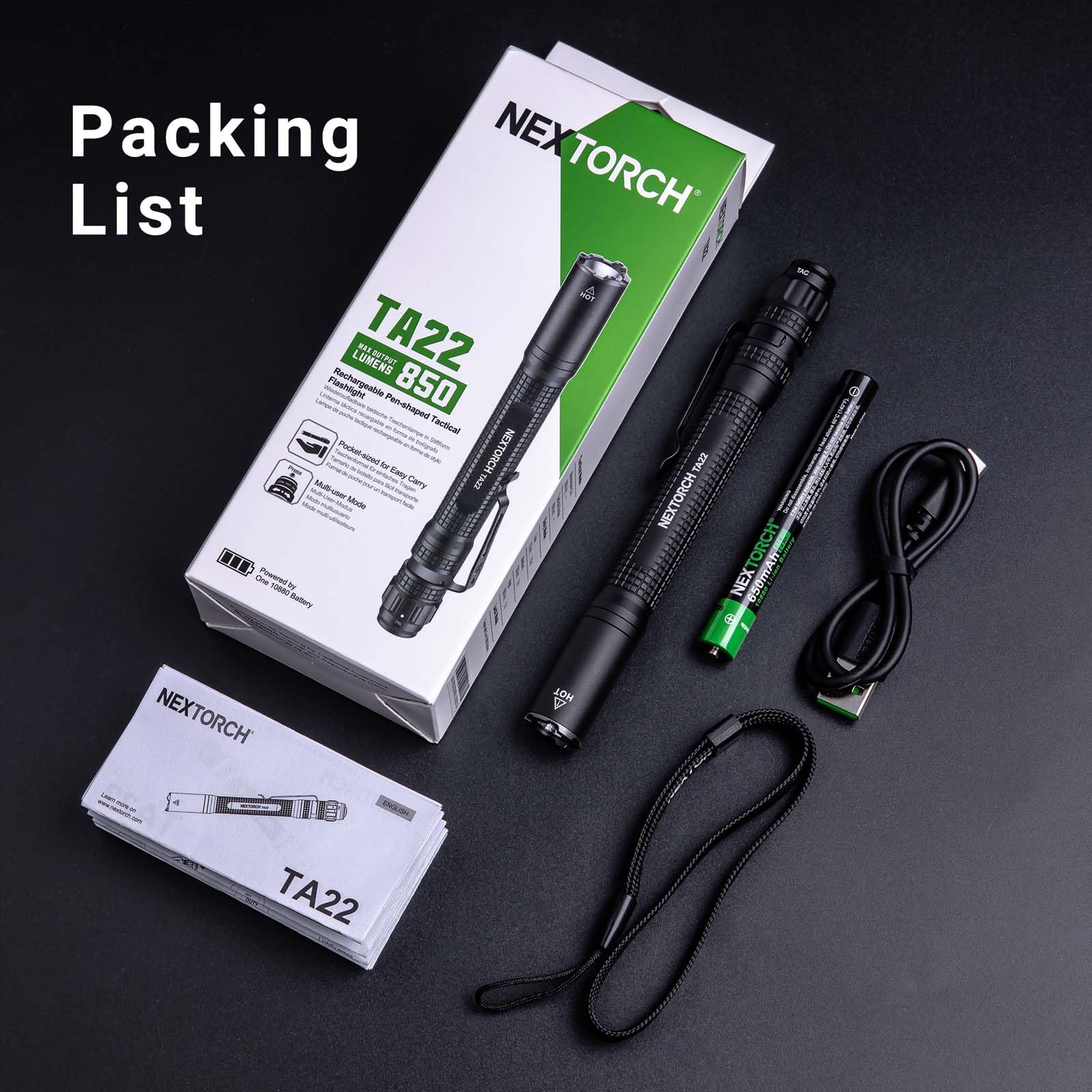 Nextorch TA22 - Linterna táctica recargable, 850 lúmenes, LED EDC de alto brillo, IPX8 impermeable y resistente a los impactos, linterna portátil con clip para bolsillo, hogar, emergencia, seguridad