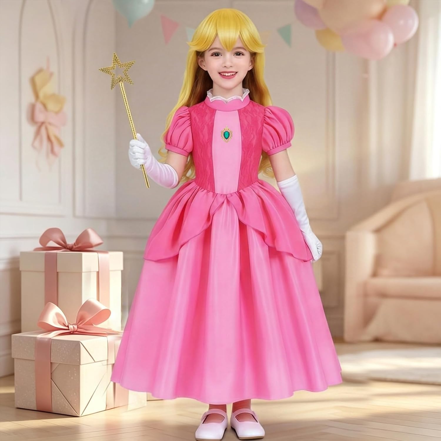 Pink Princess Themed Outfit for Girls Dress Set with Crown Wand Bag Gloves Earrings Royal Dress Up Outfit