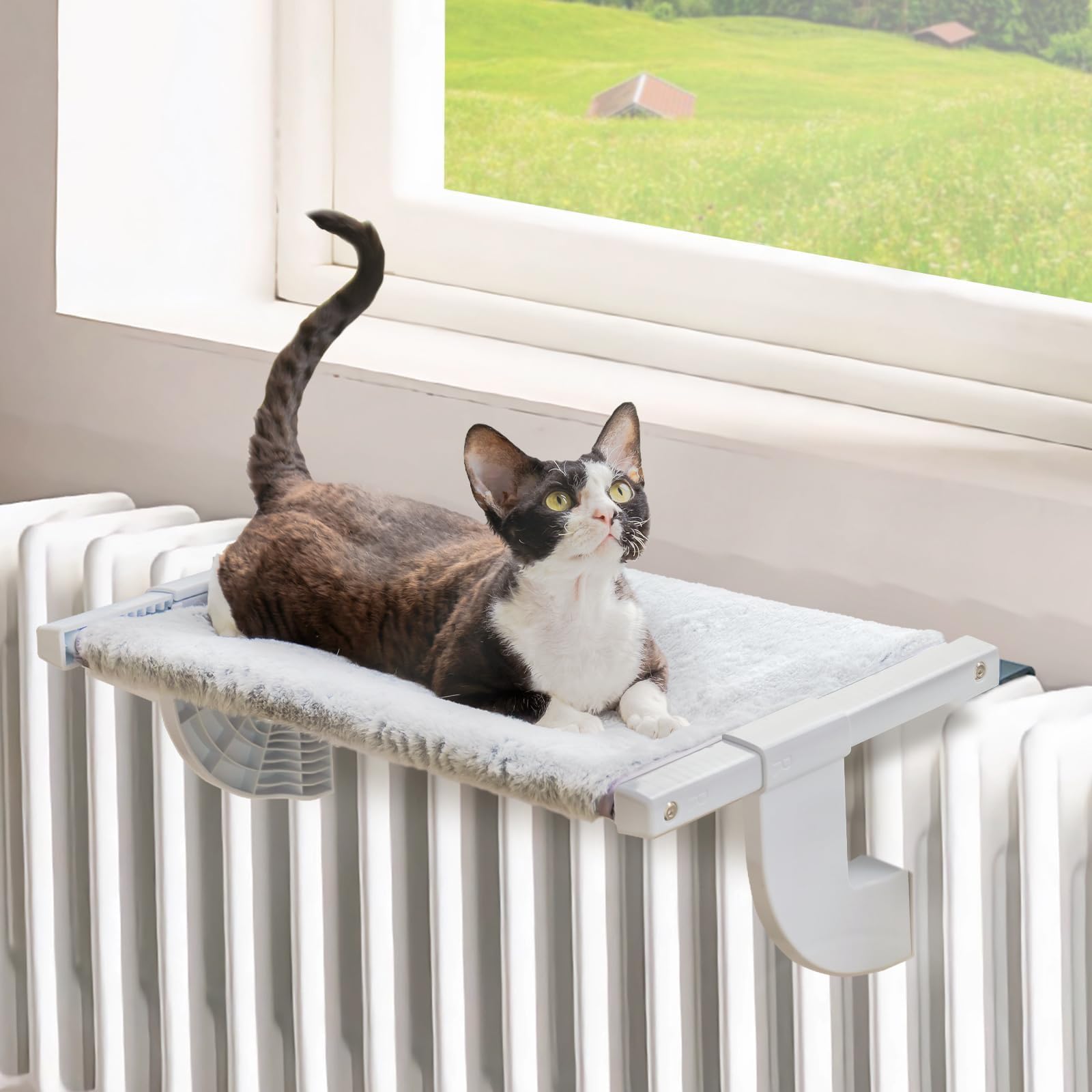 MEWOOFUN Hamac chauffant pour chat - Lit pour chat - Hamac réglable avec coussin double face - Lit stable jusqu'à 18 kg - Gris