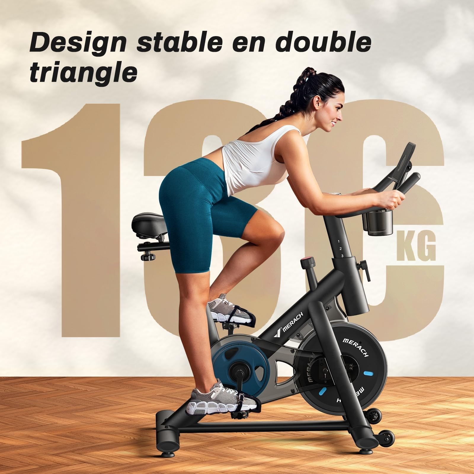 MERACH Vélo d'Appartement pour la Maison - Vélo de Fitness d'Intérieur Silencieux avec Résistance Réglable, Écran LCD, Siège Confortable, pour Entraînement Cardio, App Exclusive, Capacité Max 136KG