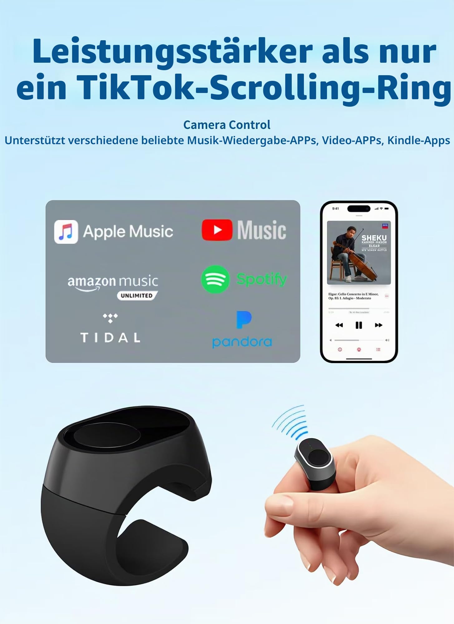 Bluetooth-Fernbedienungsring für TikTok, Kamera - Kompatibel mit iPhone, iPad, iOS, Android - Seitenumblätterung, Videoaufnahme-Fernbedienung - Schwarz