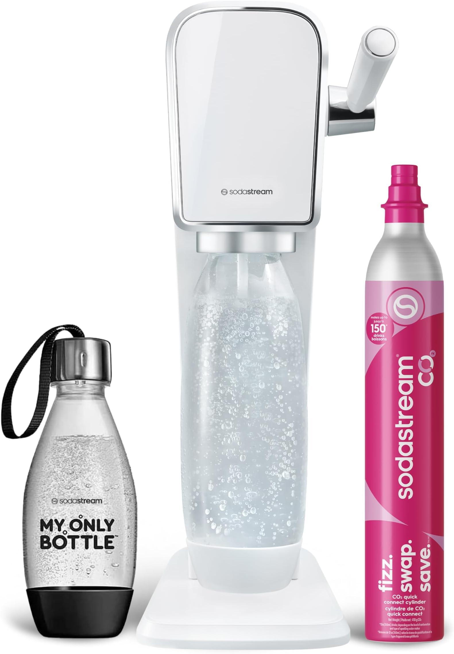 ART Sparkling Water Maker | STARTER KIT | CQC CO2 system | Includes 1x CO2 Cylinder, 1x32 & 1x16 Fl Oz Dishwasher Safe Bottles | Combine with Pepsi Flavors | White