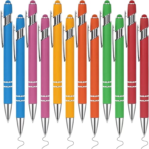 PABLUE Bolígrafos con punta de lápiz capacitivo, lápiz capacitivo de clic suave al tacto, 2 en 1, bolígrafos de metal retráctiles, tinta negra, para