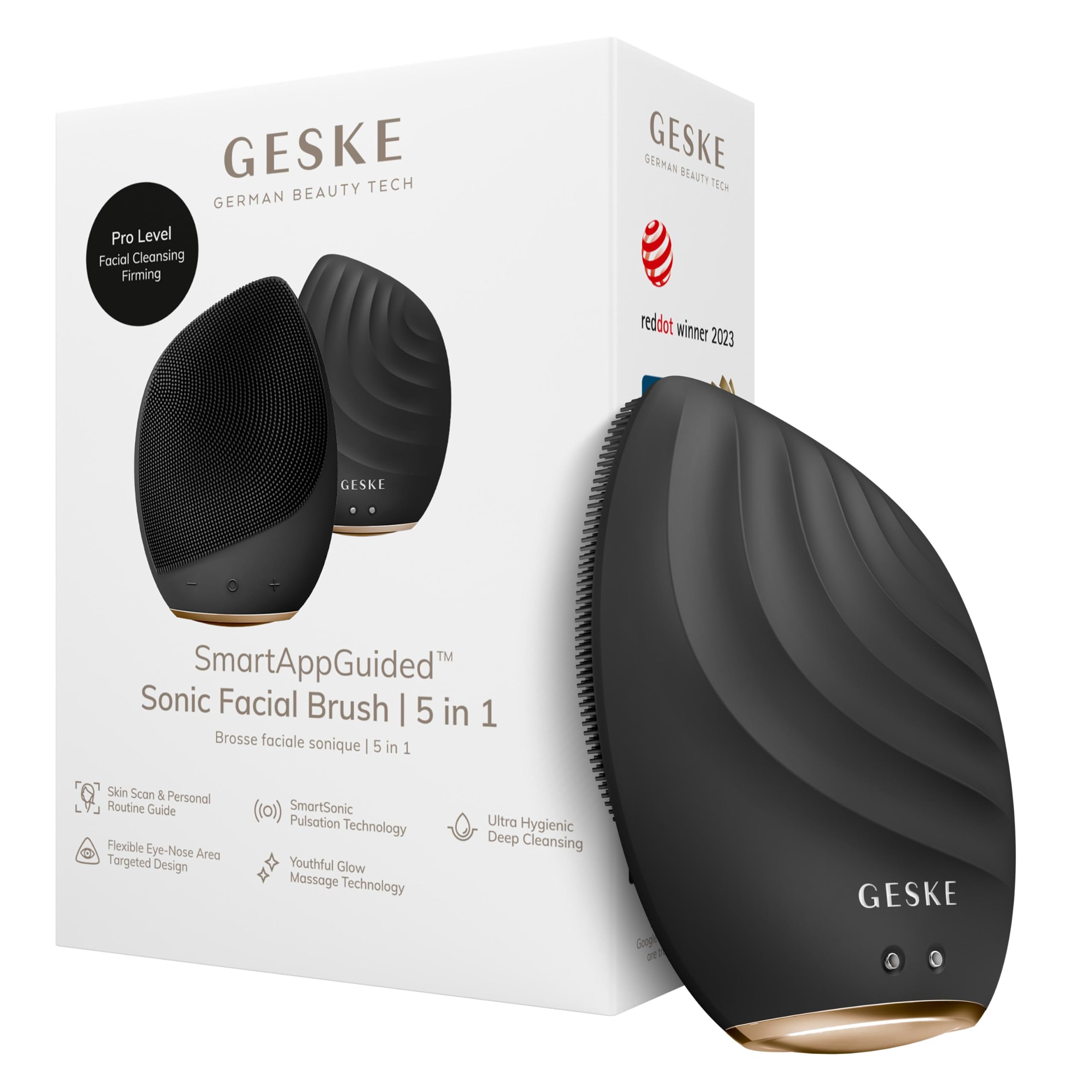 GESKE SmartAppGuided™ Cepillo facial sónico 5 en 1 | Cepillo de limpieza facial eléctrico vibrador | Cepillo de silicona suave | Limpiador facial profesional | Limpiador y exfoliante de piel |