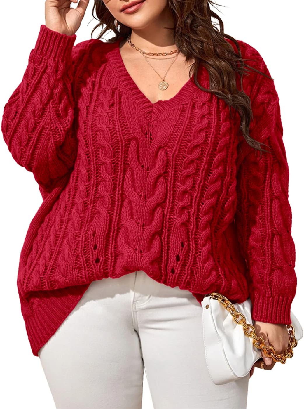 Dyexces Plus Size Sweaters for Women V Neck Long Sleeve Cable Knit Sweaters Casual Fall Sweaters Soft Jumper Tops