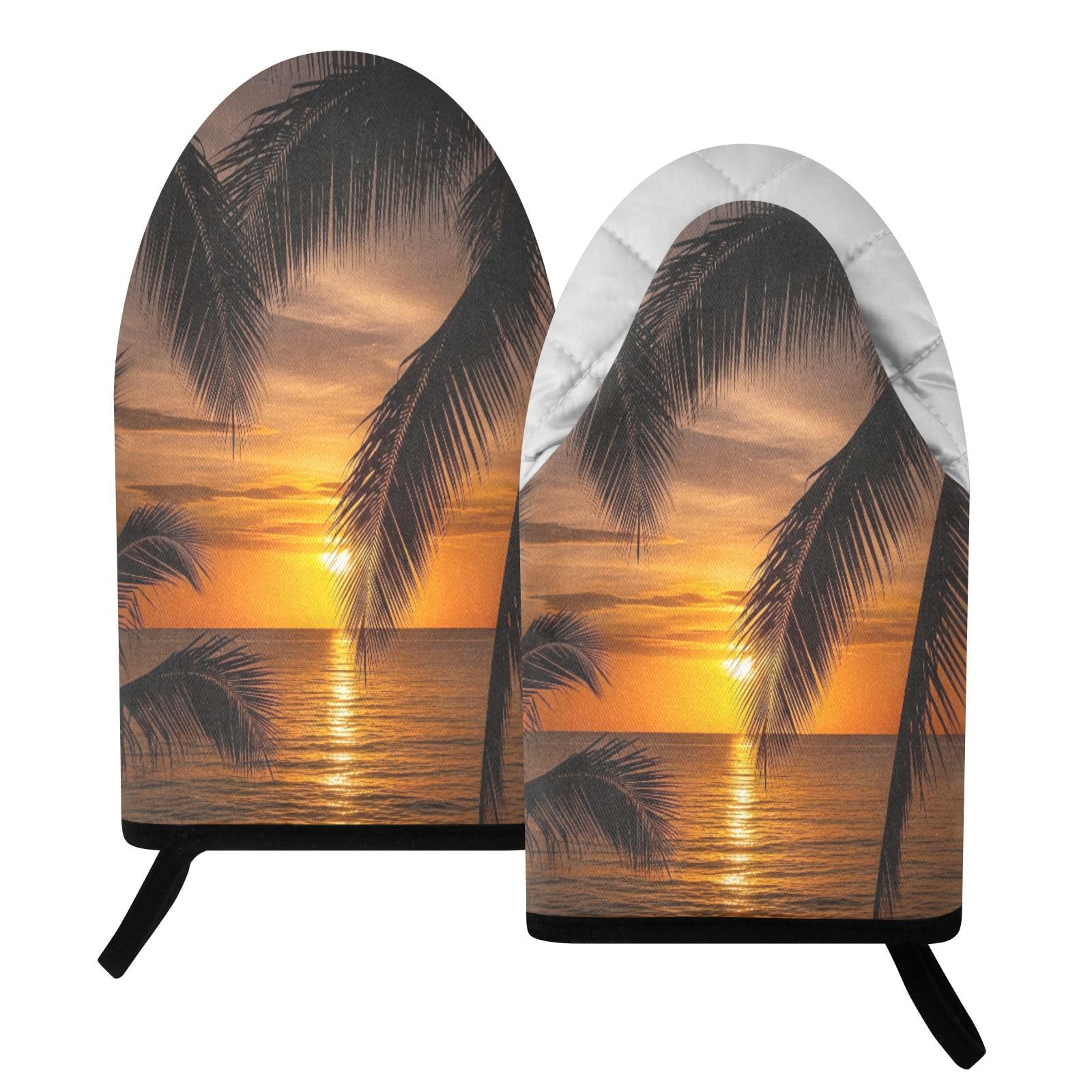 BURSTDDY Seaside Sunset Oven Mitt,Heat Resistant Kitchen Mitts for Cooking