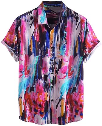 Shirt Blouse Men Colourful Summer Short Sleeve Loose Buttons Casual