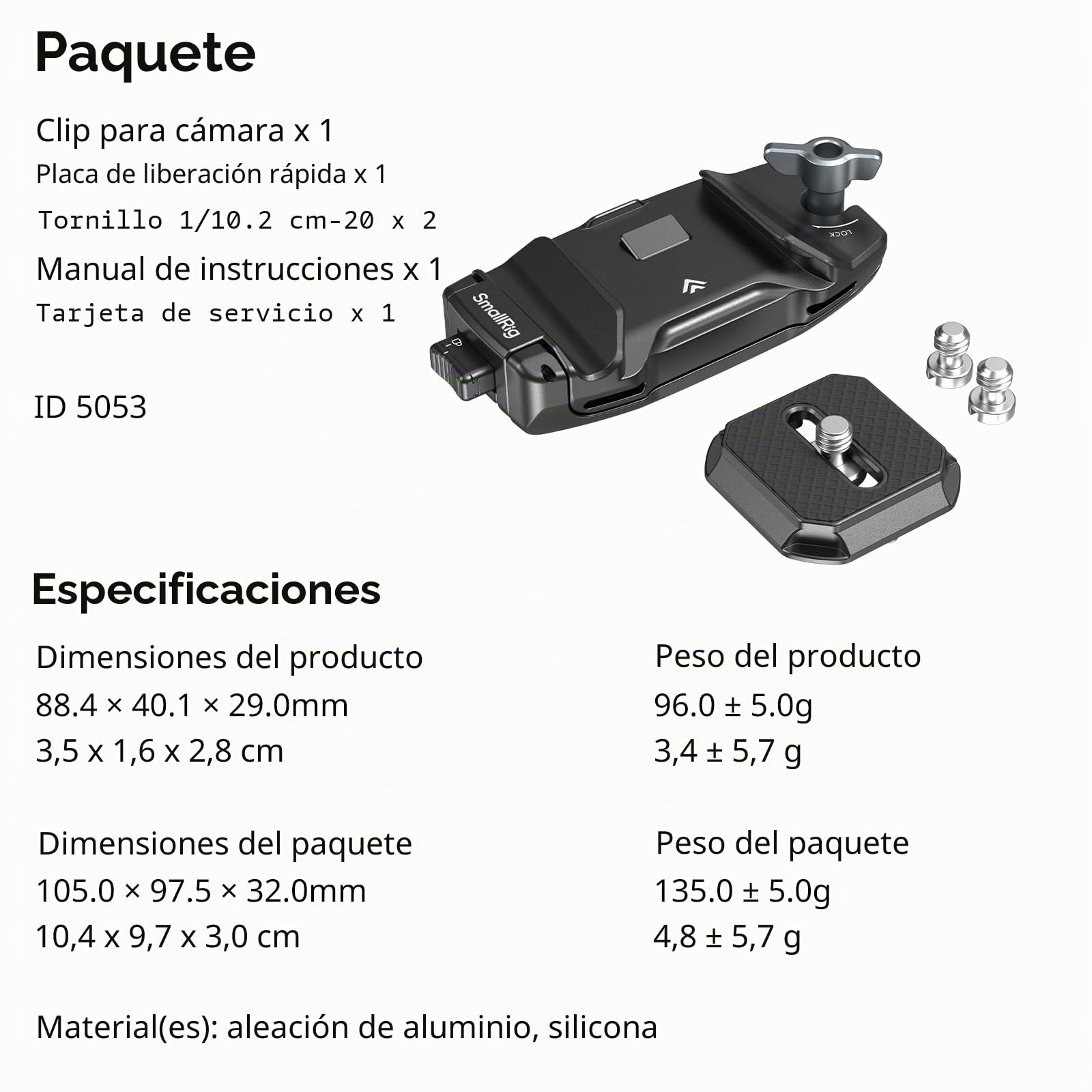 SMALLRIG Clip para Cámara con Placa, Sistema de Liberación Rápida para Sony, para Nikon, para Fujifilm, para Cámara de Acción DSLR, para Arca-Swiss - 5053