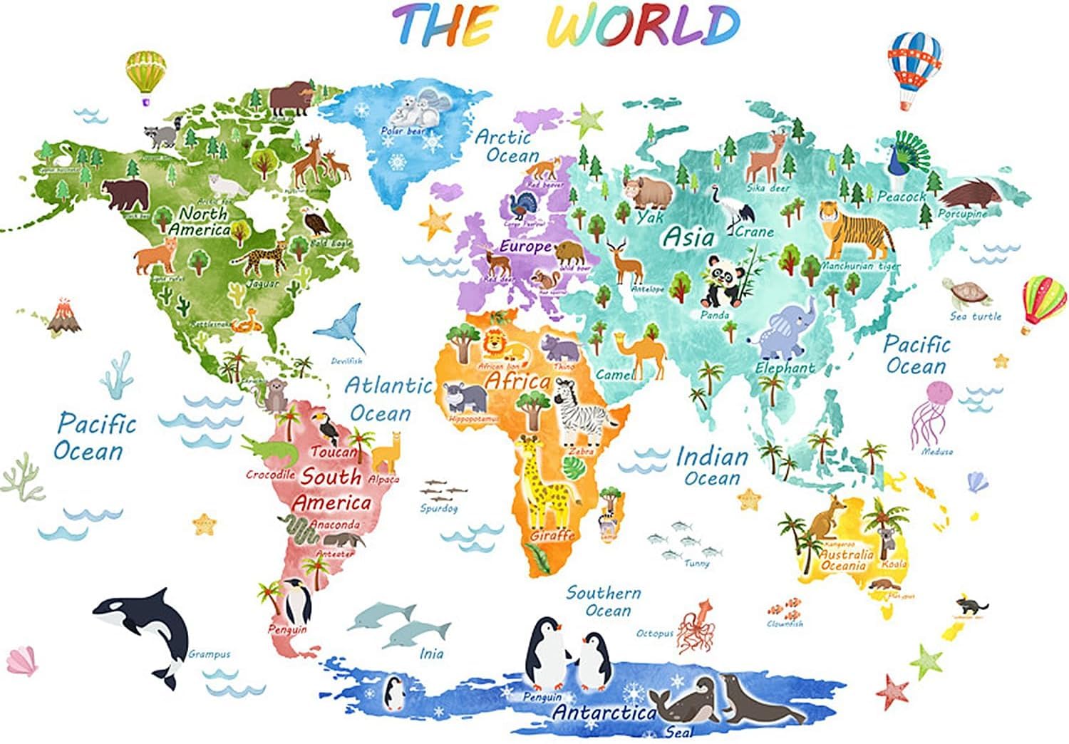 Richugui Large Cartoon Animals World Map Wall Stickers, Removable Educational Wall Decals Kids Wall Stickers for Nursery Bedroom Living Room Decor