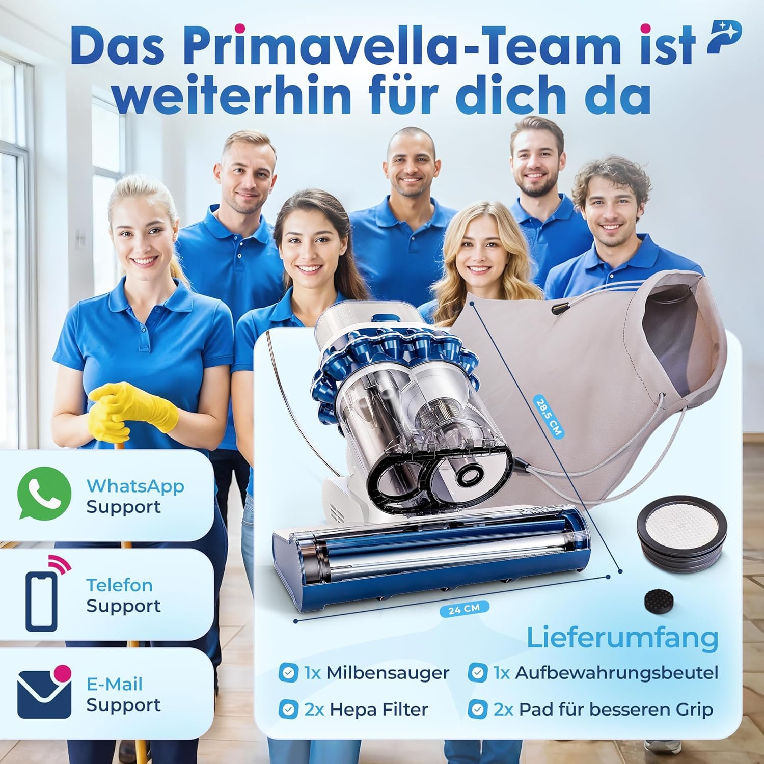 Primavella Milbenstaubsauger für Matratze Bett mit UV-Licht HEPA-Filter Tierhaare