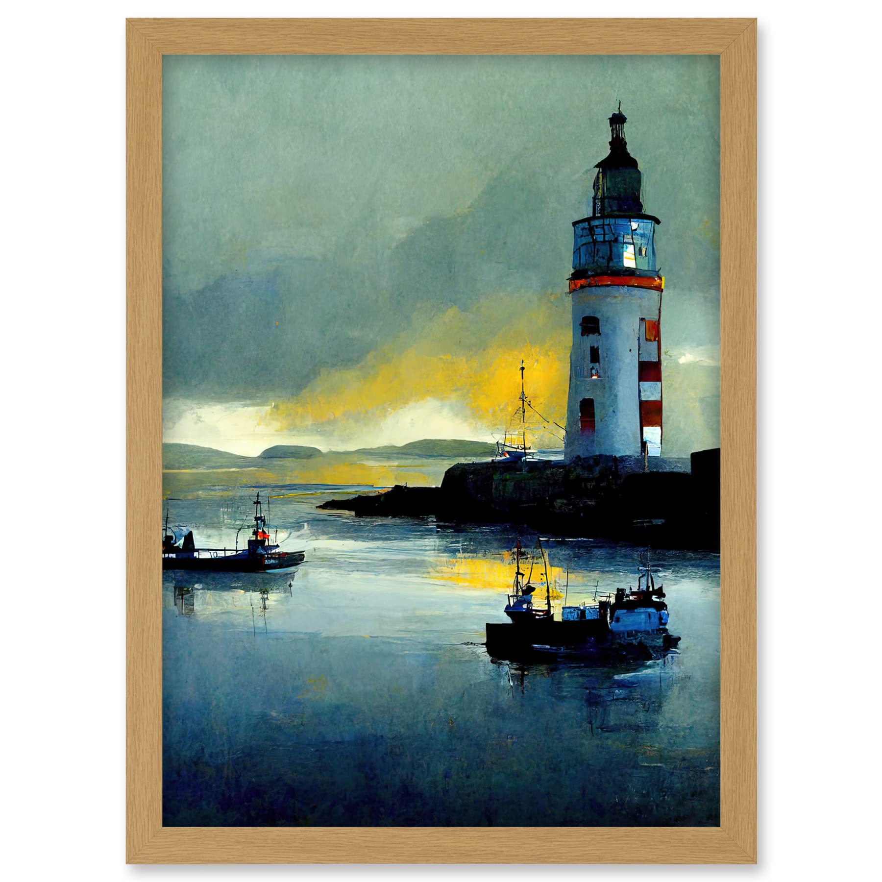 Doppelganger33 LTD Scottish Harbour Fishing Boats Lighthouse Modern Artwork Framed A3 Wall Art Print