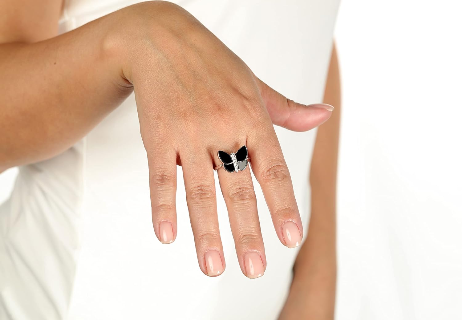 Lavari Jewelers Black Onyx Malachite or Mother of Pearl and Cubic Zirconia Butterfly Ring for Women in 925 Sterling Silver Anniversary Ring Size 6 to 8