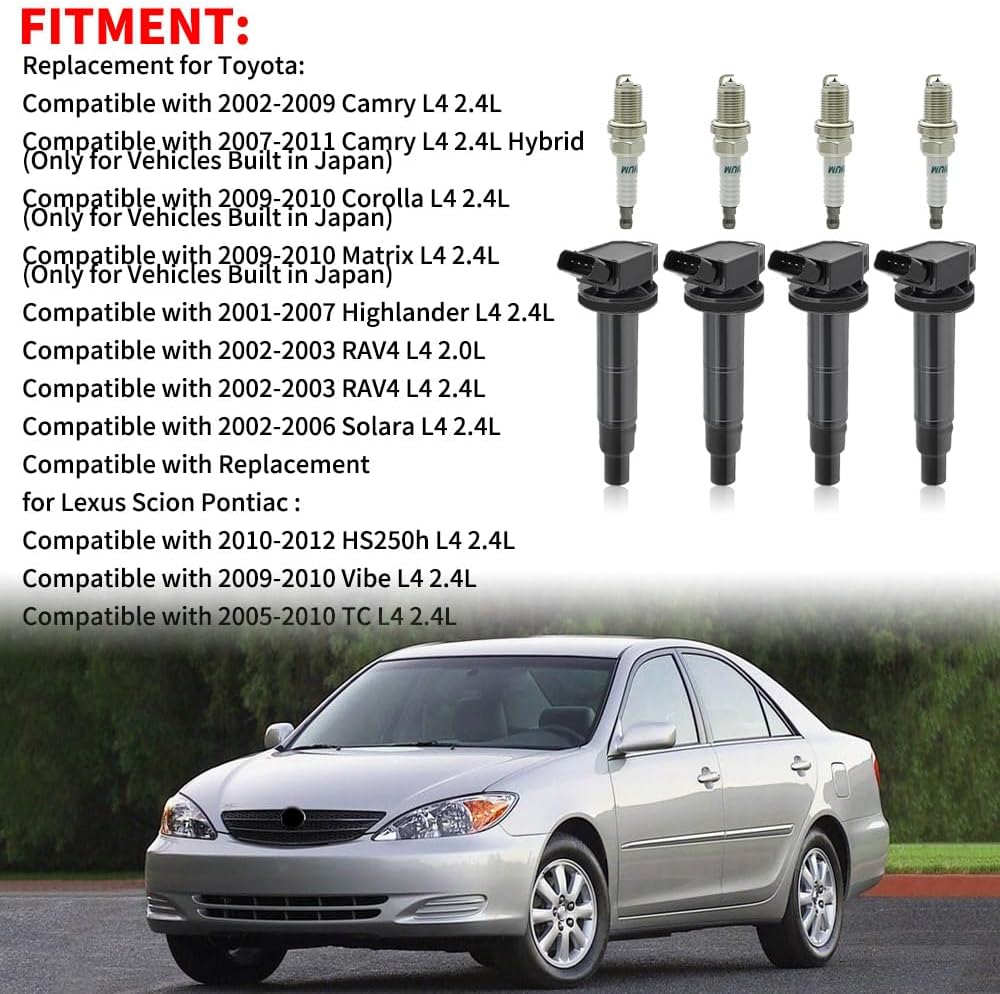 4 PCS UF333 Ignition Coil Packs & Iridium Spark Plugs Compatible with Toyota L4 2.4L 2002-2011 Camry, 2009-2010 Corolla, 2009-2010 Matrix, 2001-2007 Highlander,2002-2003 RAV4, 2002-2006 Solara UF494