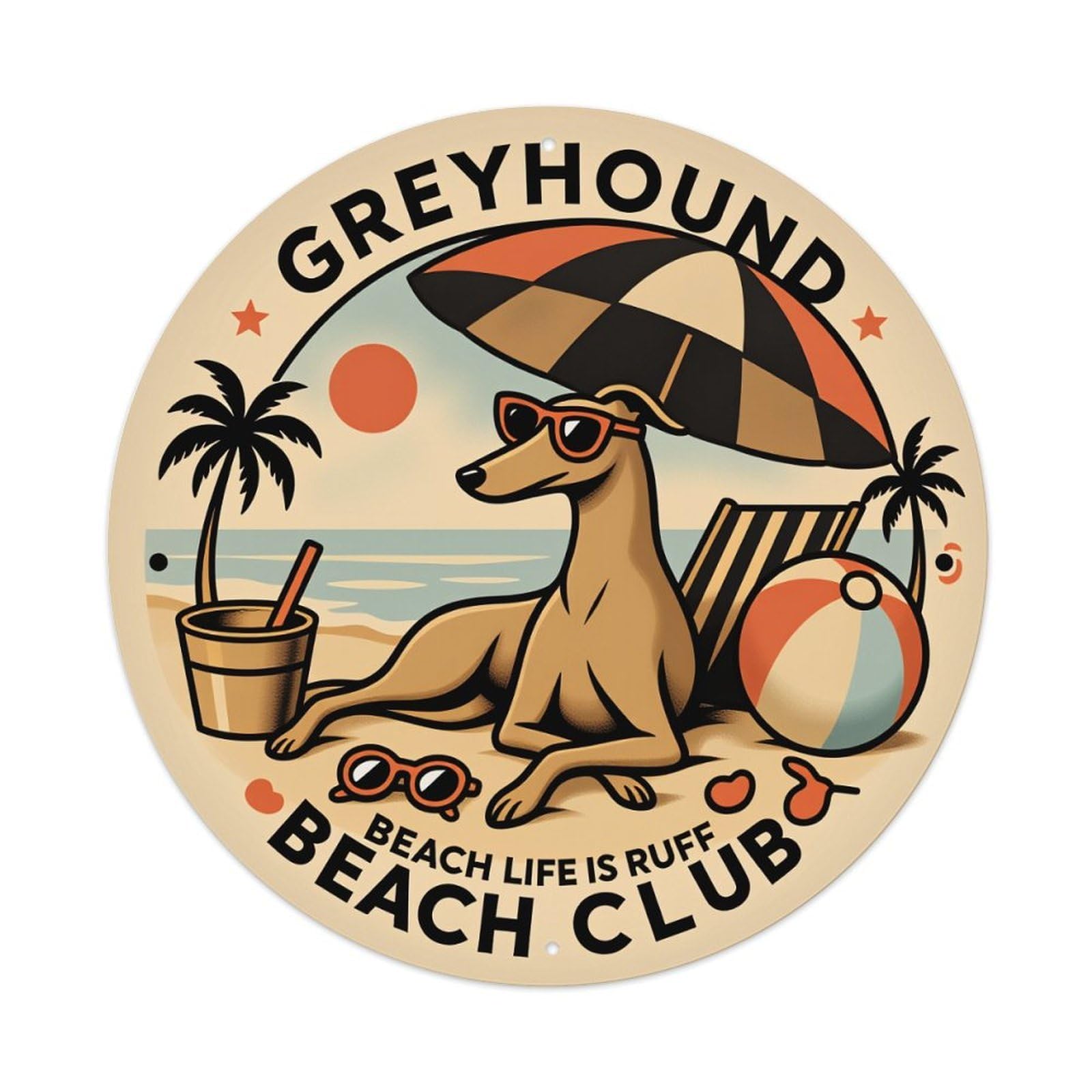 Ndieha Vintage Greyhound Beach Club Pattern Print Round Tin Sign Metal Poster Retro Bar, Home, Man Cave, Kitchen, Laundry Room Wall Art Decor Gift 8X8in