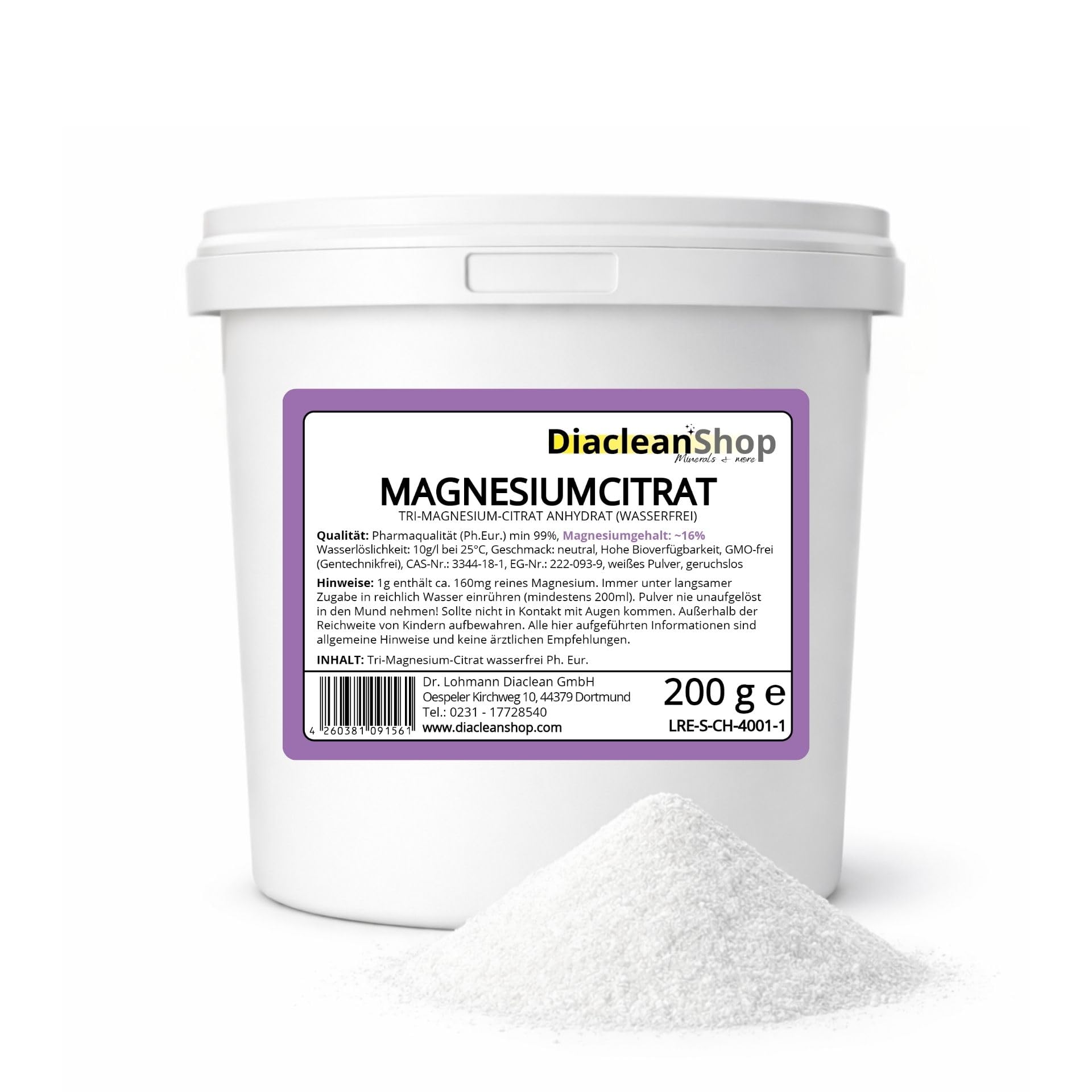 Magnesiumcitrat Pulver 200 g – Tri-Magnesiumcitrat, wasserfrei, Pharmaqualität aus Deutschland