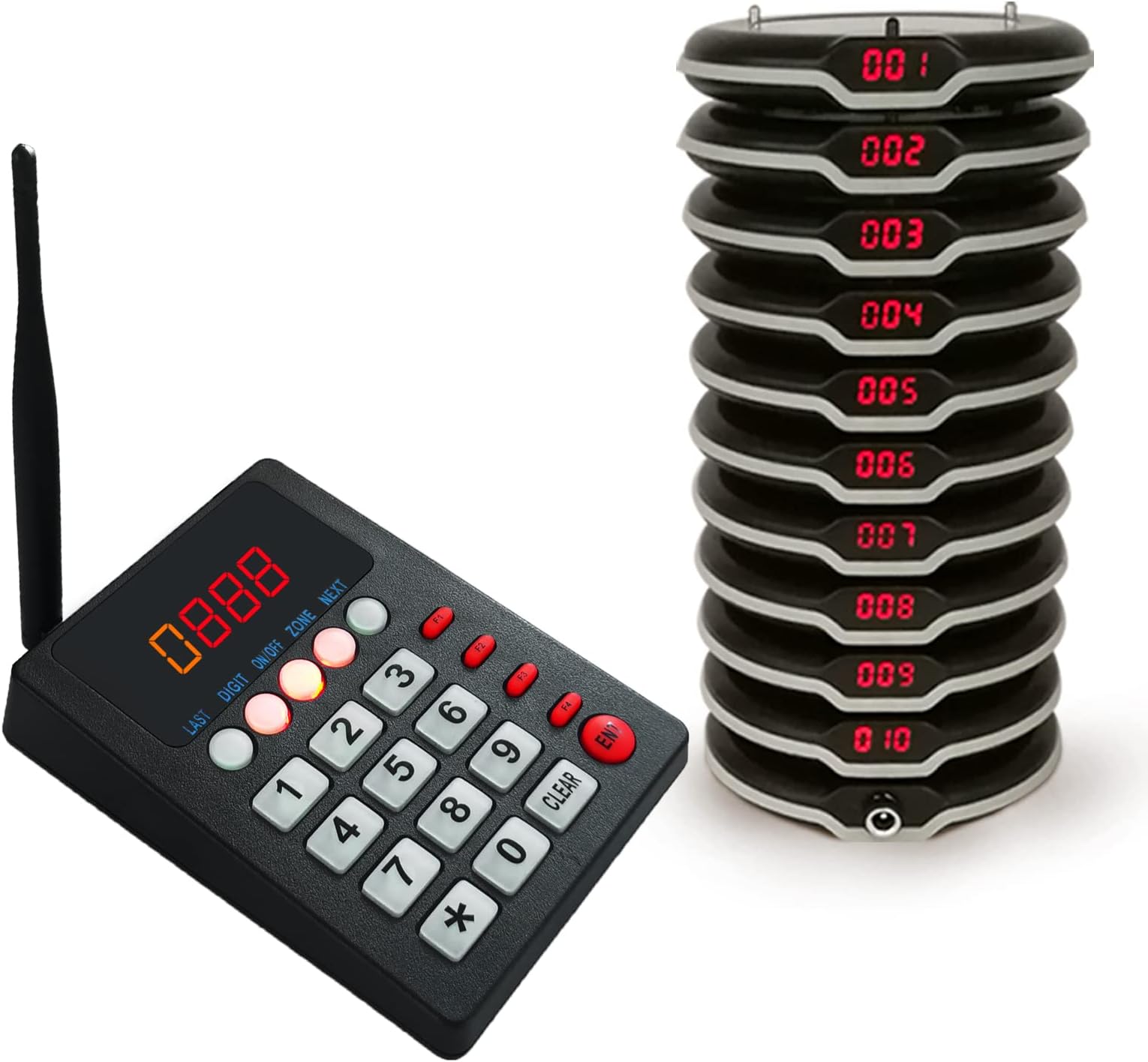 Pager Calling System Coaster Pagers for Restaurant Food Court Office 1 Keyboard Transmitter + 10 Pagers Receiver 999 Channels with Beeper Flash Vibration Alarms