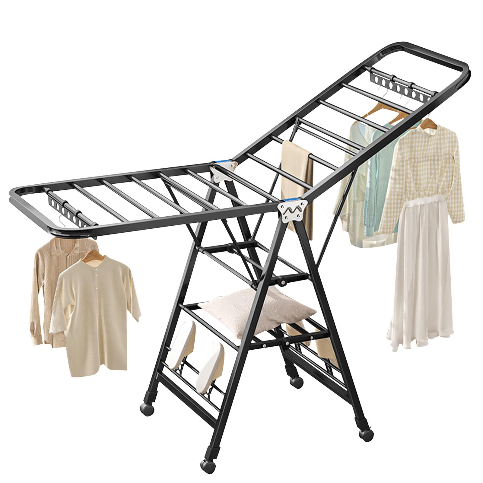 3 Tier Stainless Steel Clothes Drying Rack,Foldable Clothes Drying Stand,Floor Standing Drying Rack, Height-Adjustable Wings,Movable Drying Rack with Wheels for Indoor Outdoor Use(Black, 1.8)