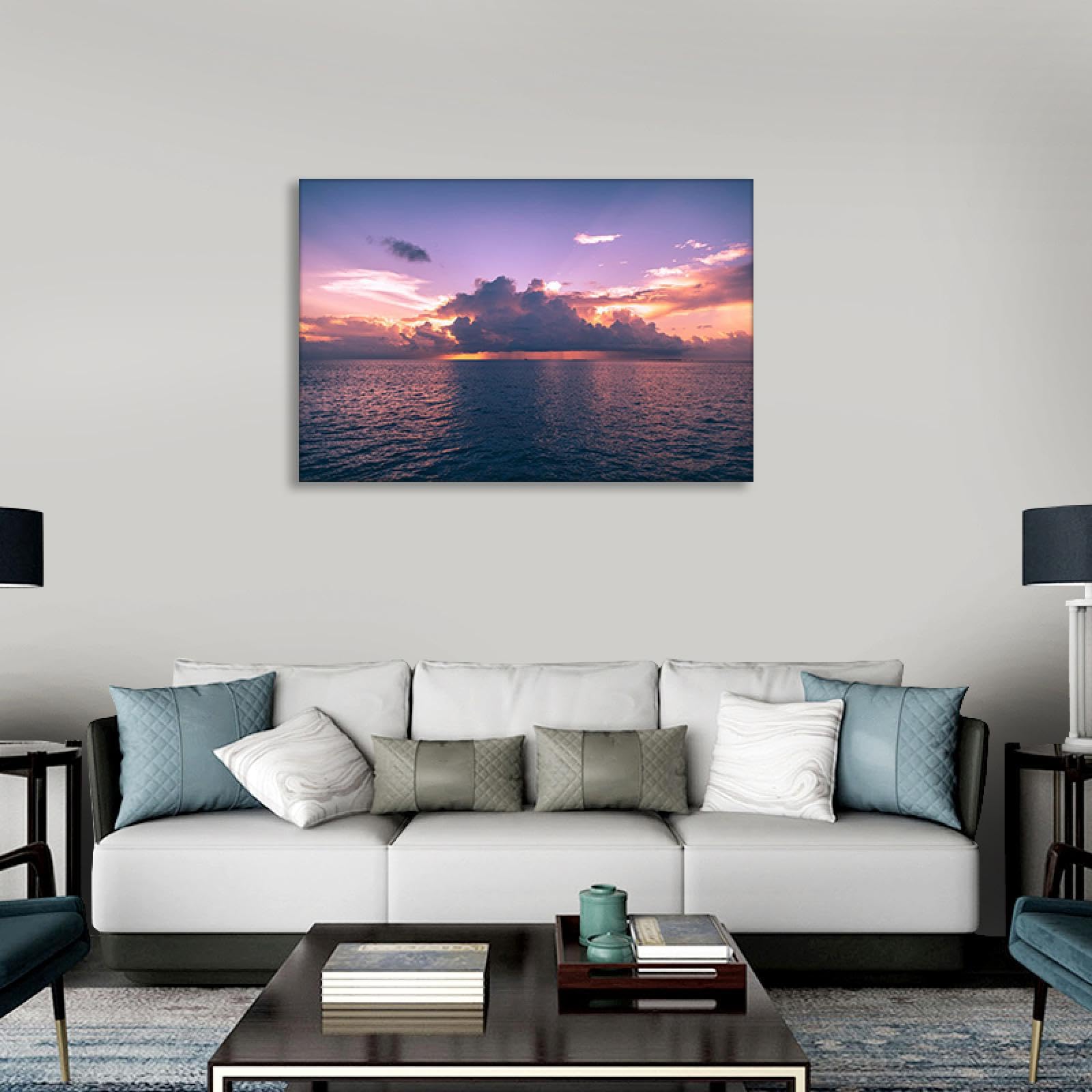 GRASKY Strand sonnenuntergang bild sonnenuntergang bild auf leinwand wandbilder landschaftsbilder mit rot Leinwandbilder Meer, dunkle Wolken Wohnzimmer Deko Kunstdrucke 60x90cm(24x35Zoll), rahmenlos
