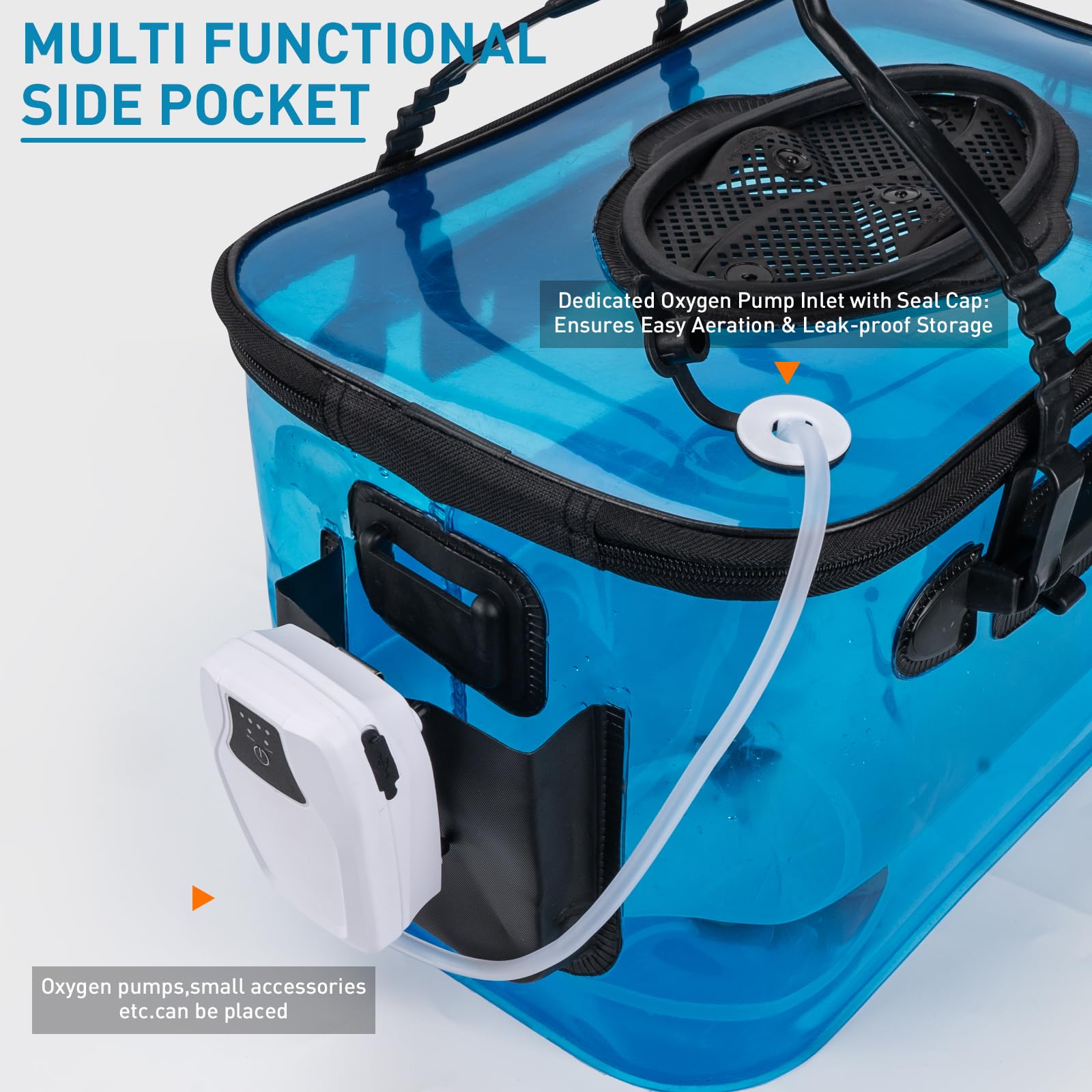 Seau de pêche pliable transparent de 18 litres, seau à appât pliable pour poissons vivants, seau à appâts vivants multifonction pour la pêche, l'eau salée, le camping, les déménagements