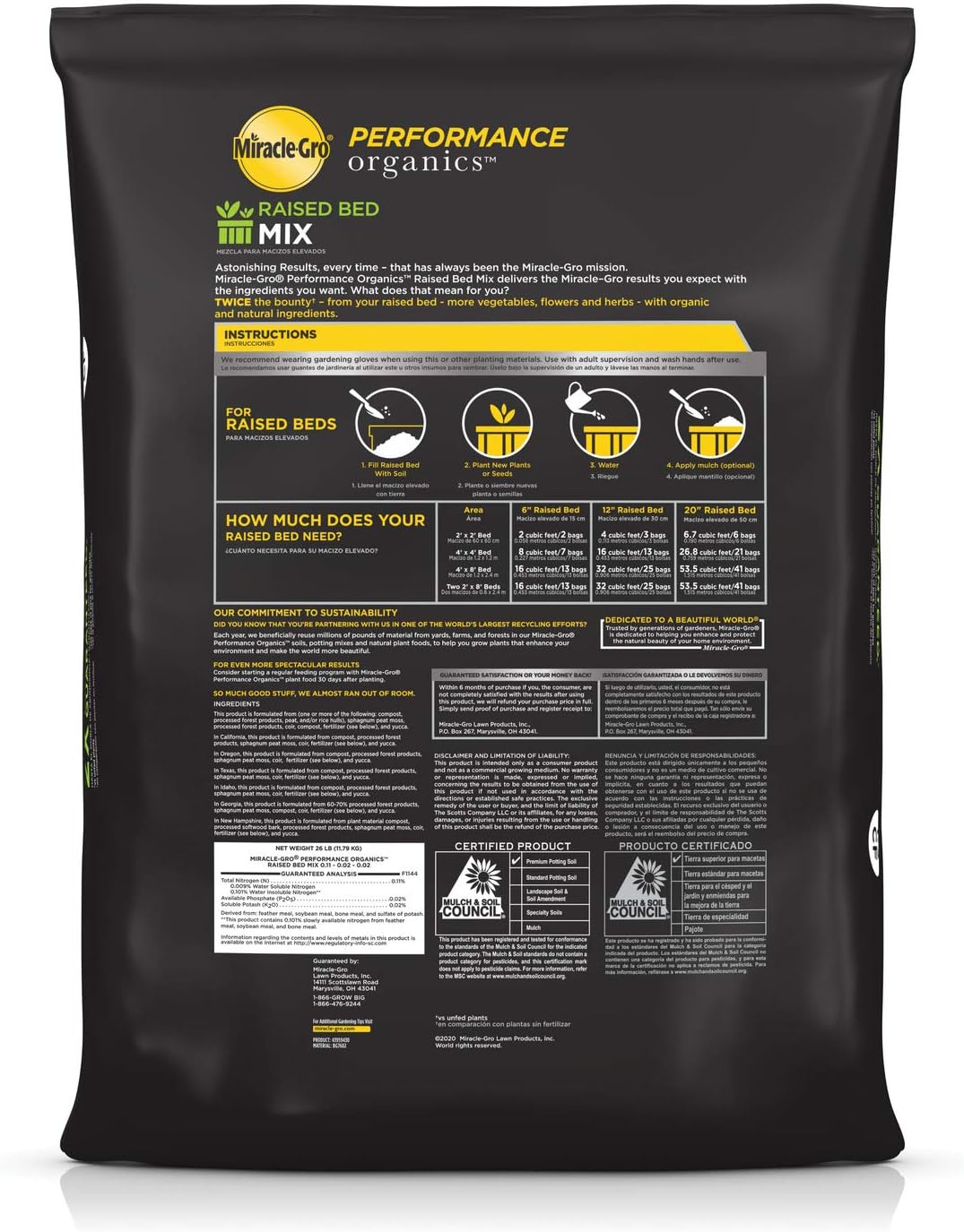 Miracle-Gro Performance Organics Raised Bed Mix - Organic and Natural Ingredients, Potting Soil Blended for Raised Bed Gardening, Grow More Vegetables, Flowers and Herbs (vs unfed plants), 1.3 cu. ft. : Patio, Lawn & Garden