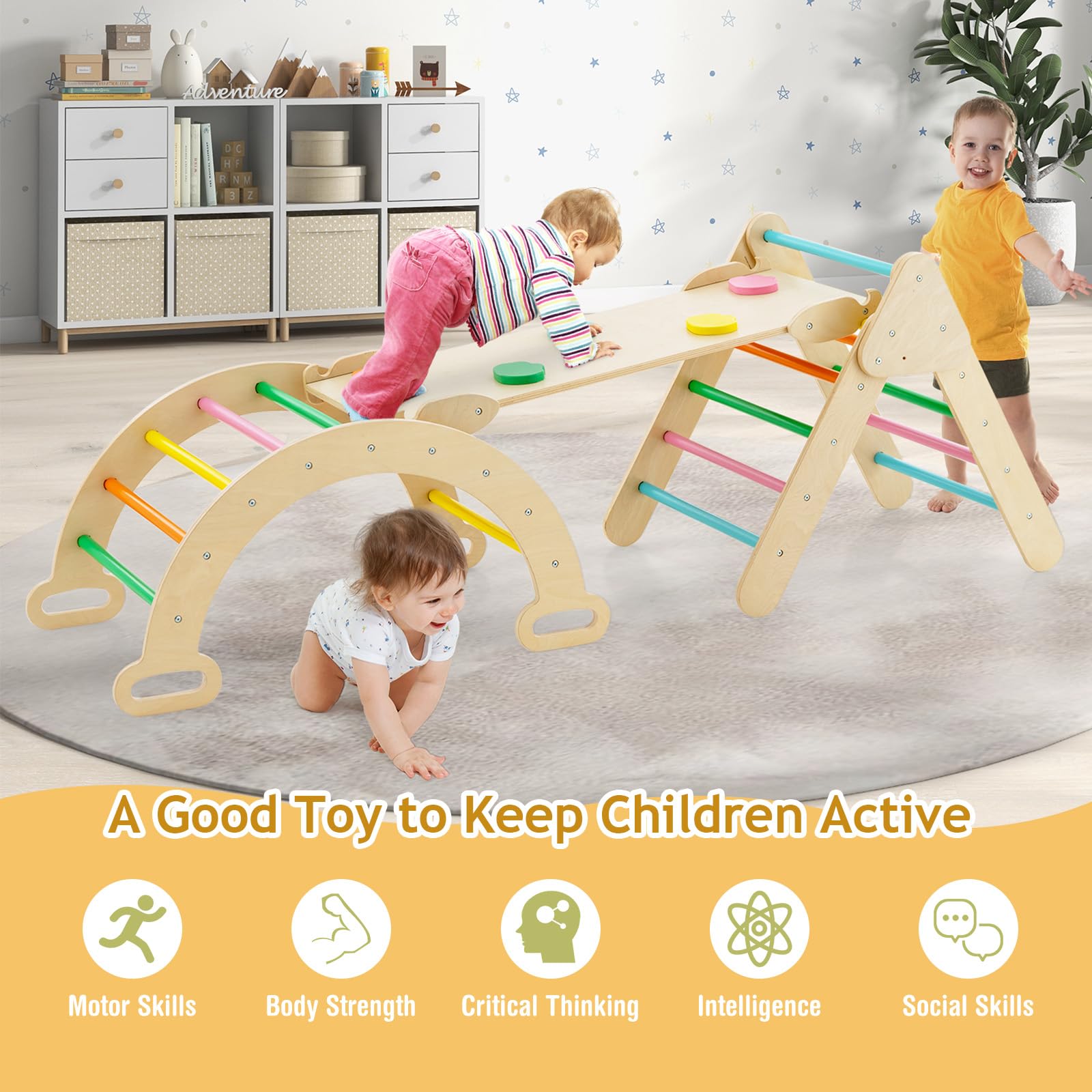 HOMASIS Triángulo de Escalada Multiusos 3 en 1 para niños, Juguetes Montessori con Tobogán Rampa Arco, Juego de Escalada con Slide Aprendizaje para Guardería Casa, para niños de 1+ año (Multicolor)