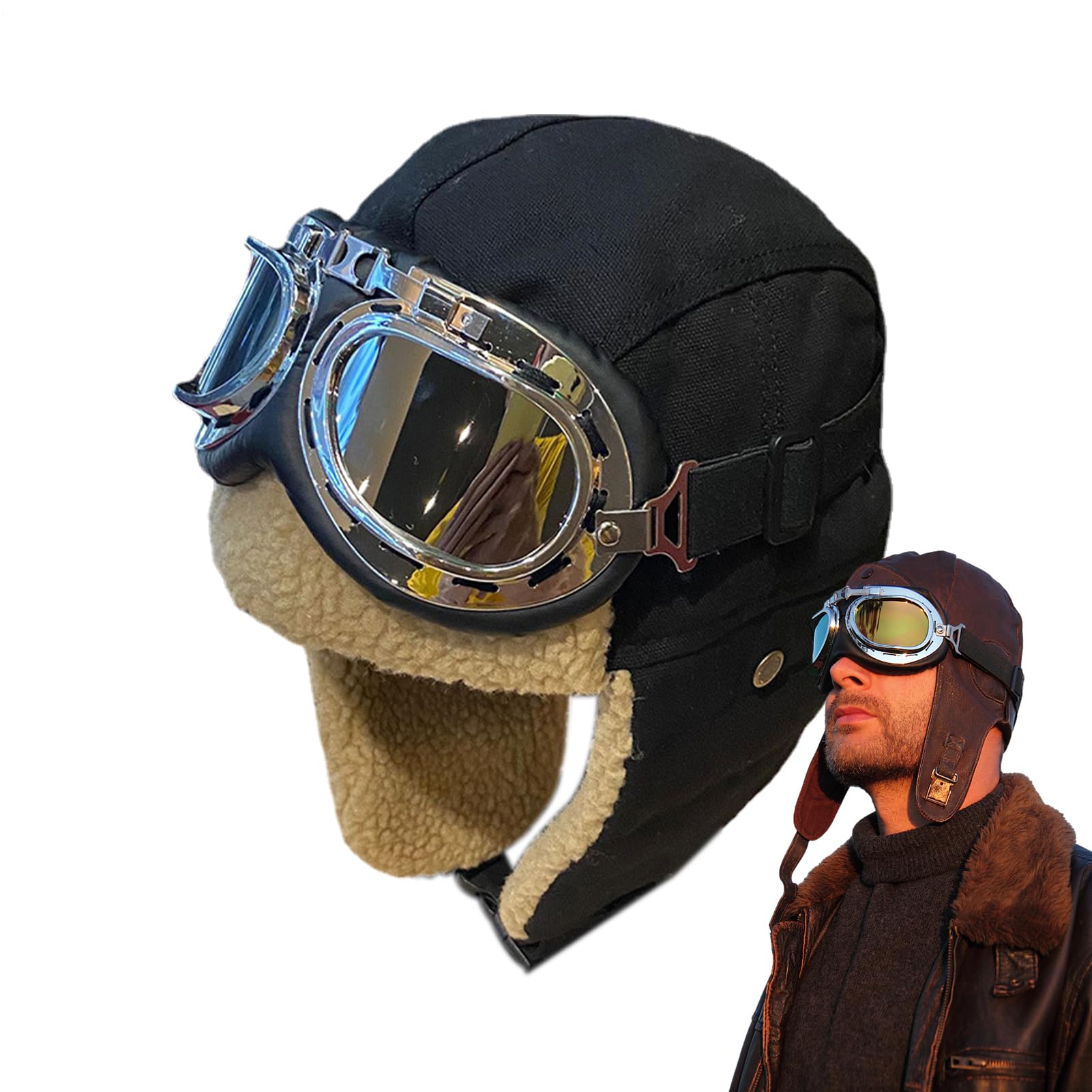 Casque Aviateur Style Rétro Et Lunettes - Casque Épais Chaud Coupe-Vent Avec Protection Des Oreilles Pour L'Hiver | Casques Aviateur Unisexe Pour Cyclisme, Ski, Alpinisme Et Sports De Plein Air | Incl