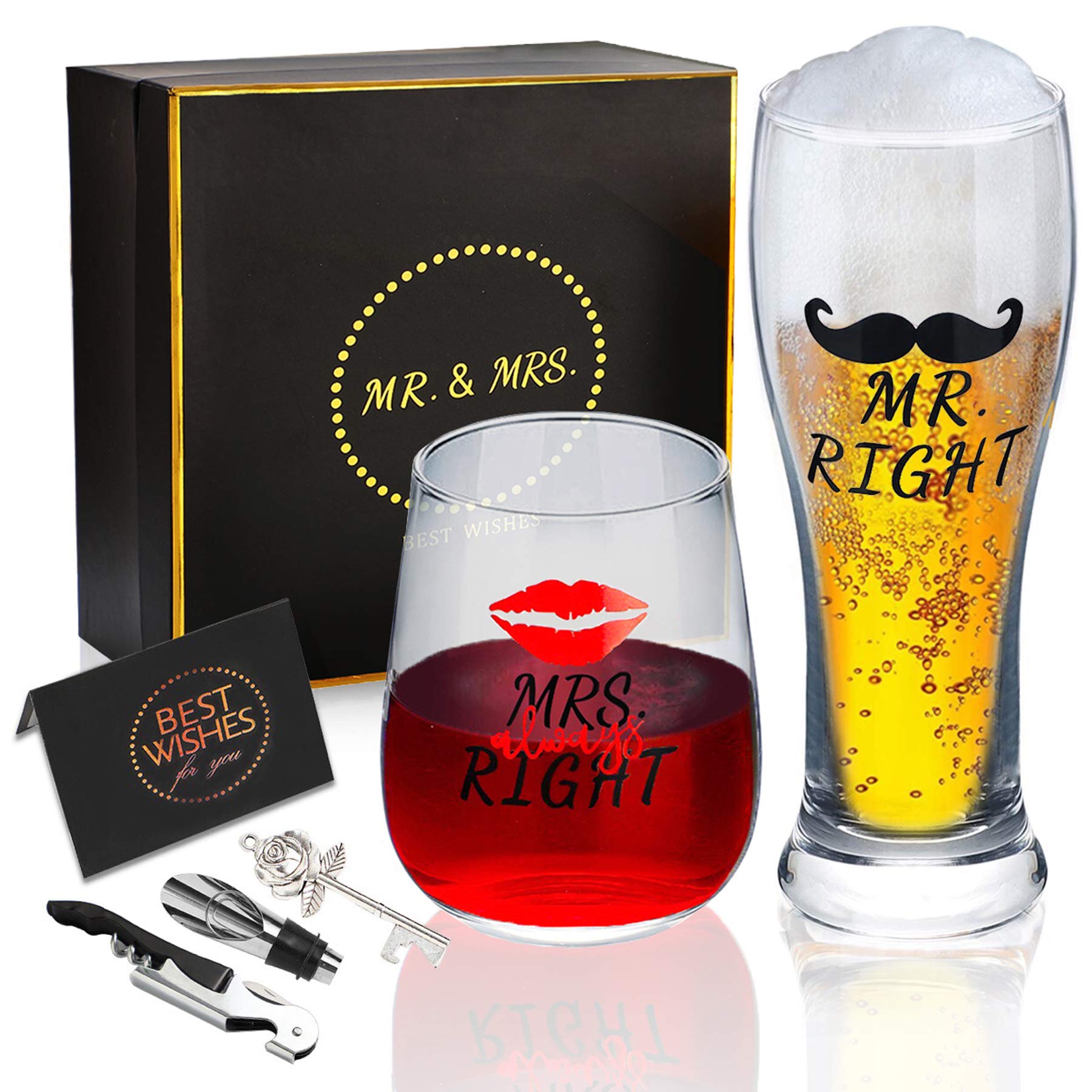 Beer and Wine Glass Gift Set, Novelty Mr. Right and Mrs. Always Right Engagement Gift Box for Couples, Funny Wedding Gifts for Newlyweds, Bridal Shower Gift for Bride and Groom