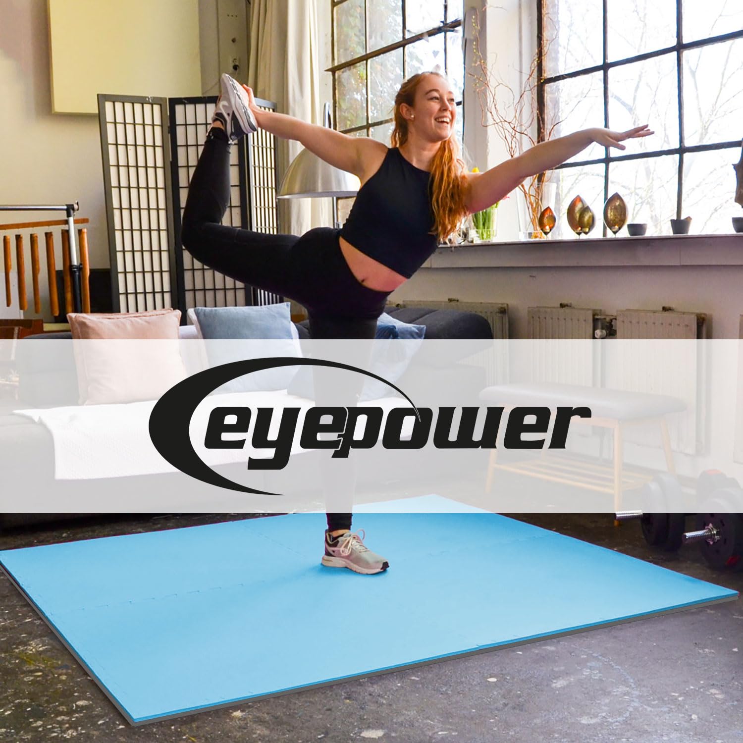 eyepower Extra dick: 2cm Fitnessmatte - 4er Set 50x50cm Bodenschutzmatte Gym Matte - Unterlegmatte für Hantelbank Kraftstation Fitnessgeräte EVA Bodenmatte Puzzlematte Sportmatte Homegym Schutzmatte