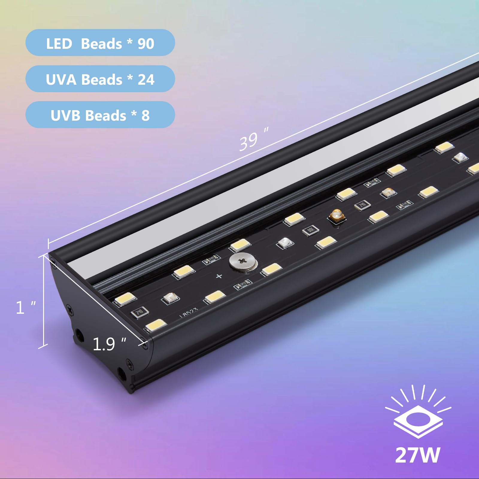 REPTITRIP Lampa LED UVB z automatycznym włączaniem/wyłączaniem i zaprogramowanym ściemnianiem cyklu dzień-noc, 4 tryby UVI, kontroler oprawy, aluminiowa lampa UVA UVB 27 W, dla brodatych smoków, żółwi